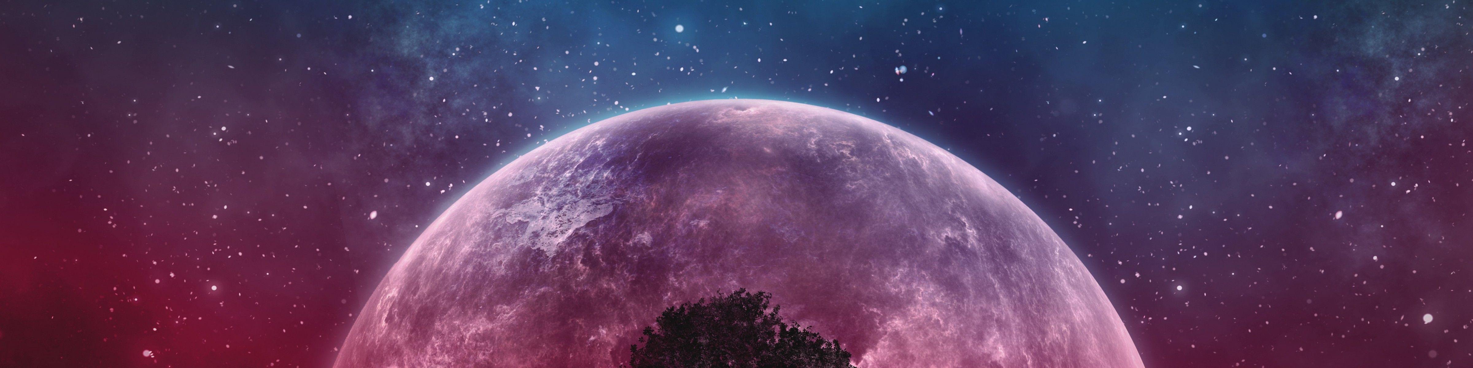 4800x1200 Wallpaper Tree, Planet, Stars, Galaxy, Art 4800x1200