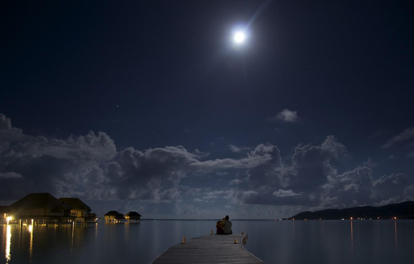 1332x850 Wallpaper night, the ocean, the moon, romance, two image for desktop, section настроения