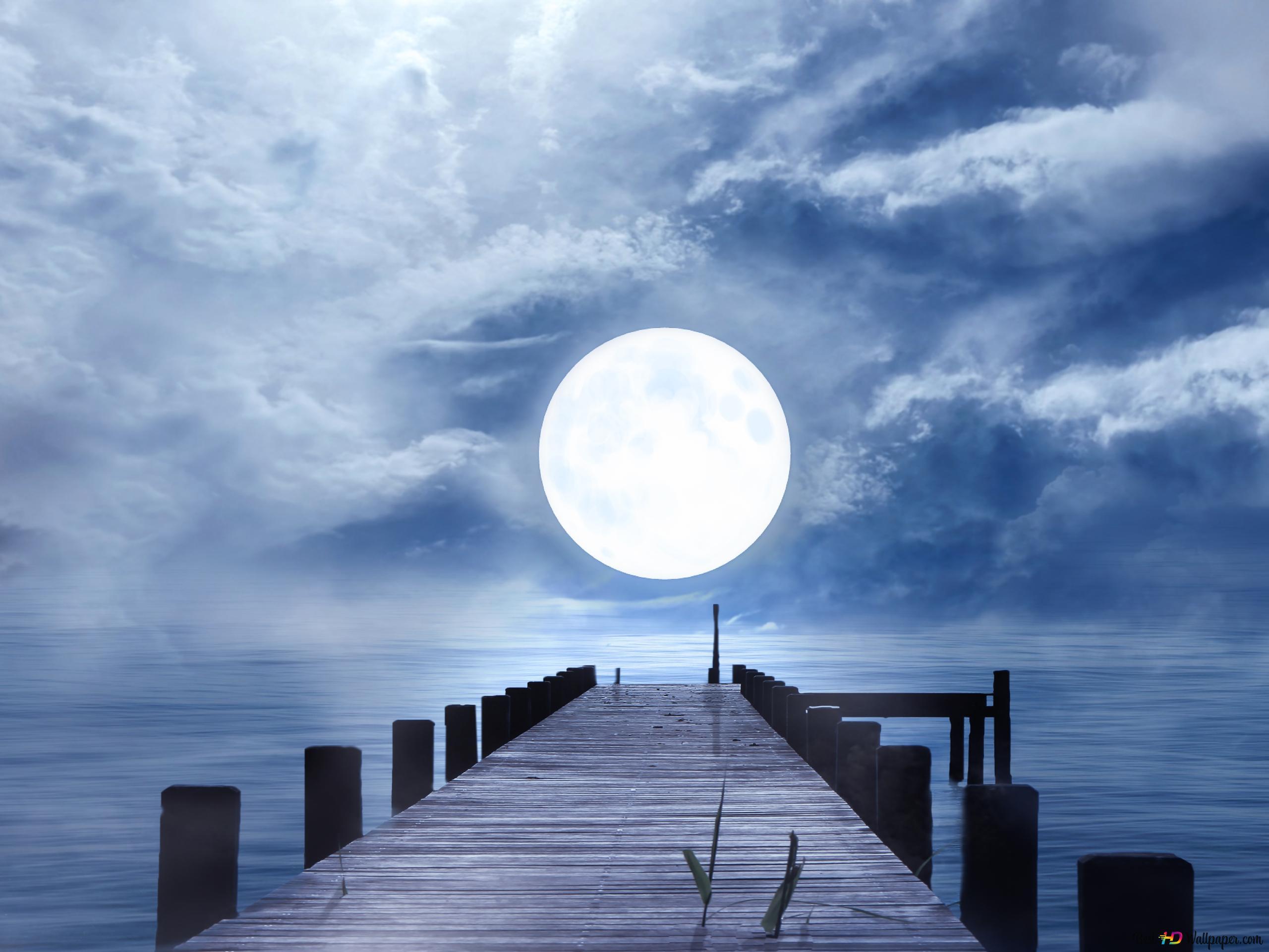 2560x1920 full moon on the pier 4K wallpaper download