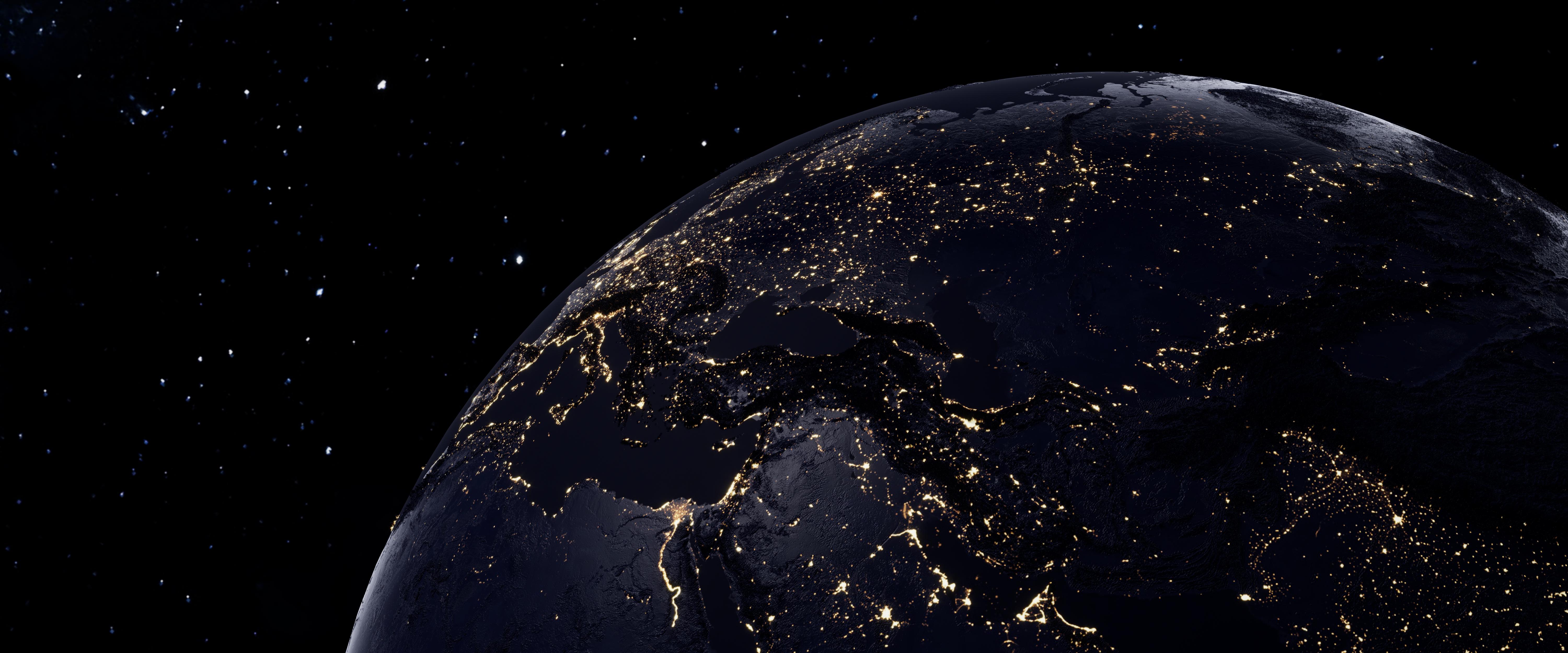6000x2500 Planet Earth Wallpaper 4K, Night view, Illuminated, Orbit