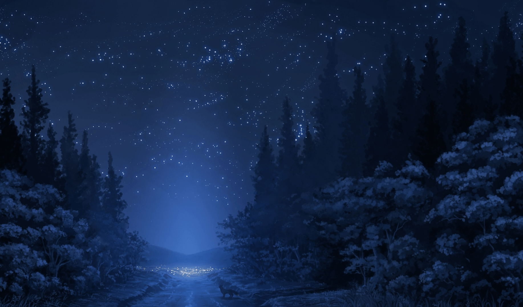 1834x1077 Download 1834x1077 Anime Landscape, Forest, Night, Stars, Wolf