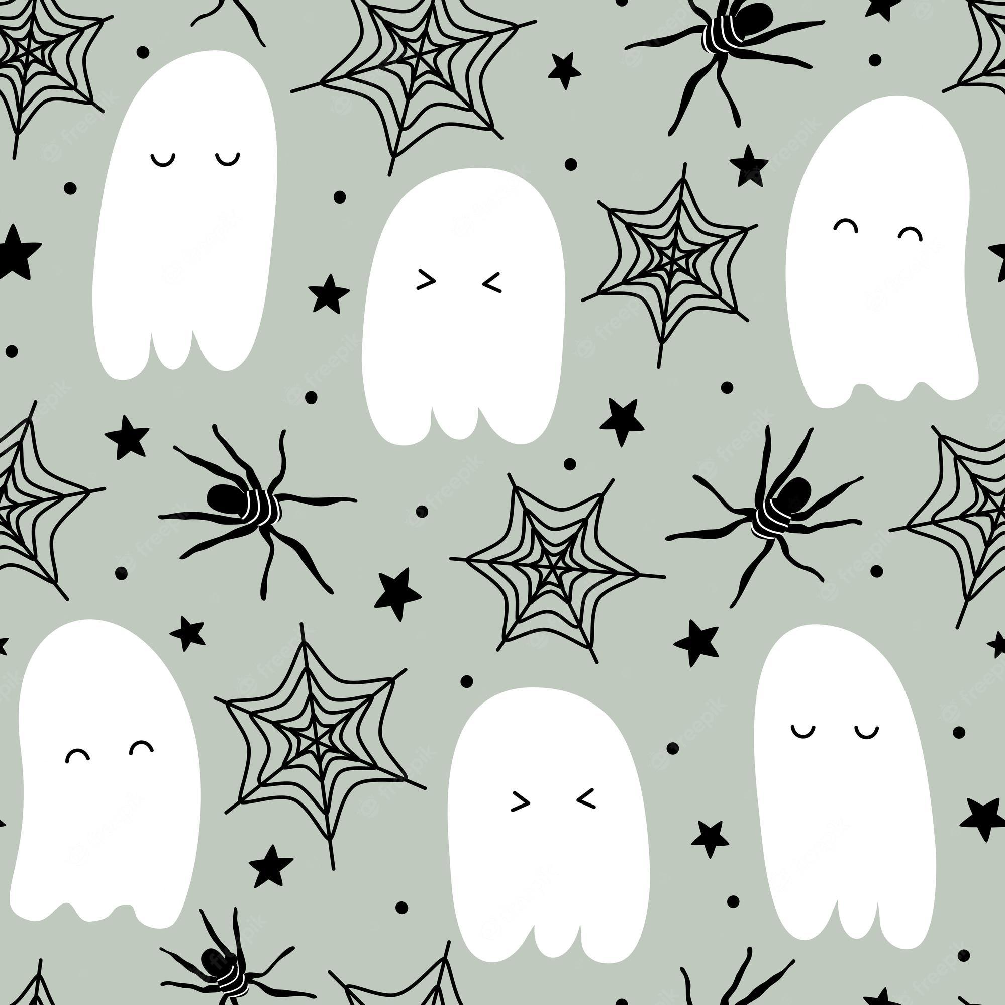2000x2000 Premium Vector. Cartoon halloween seamless pattern background illustration with ghost, bones, spider and stars