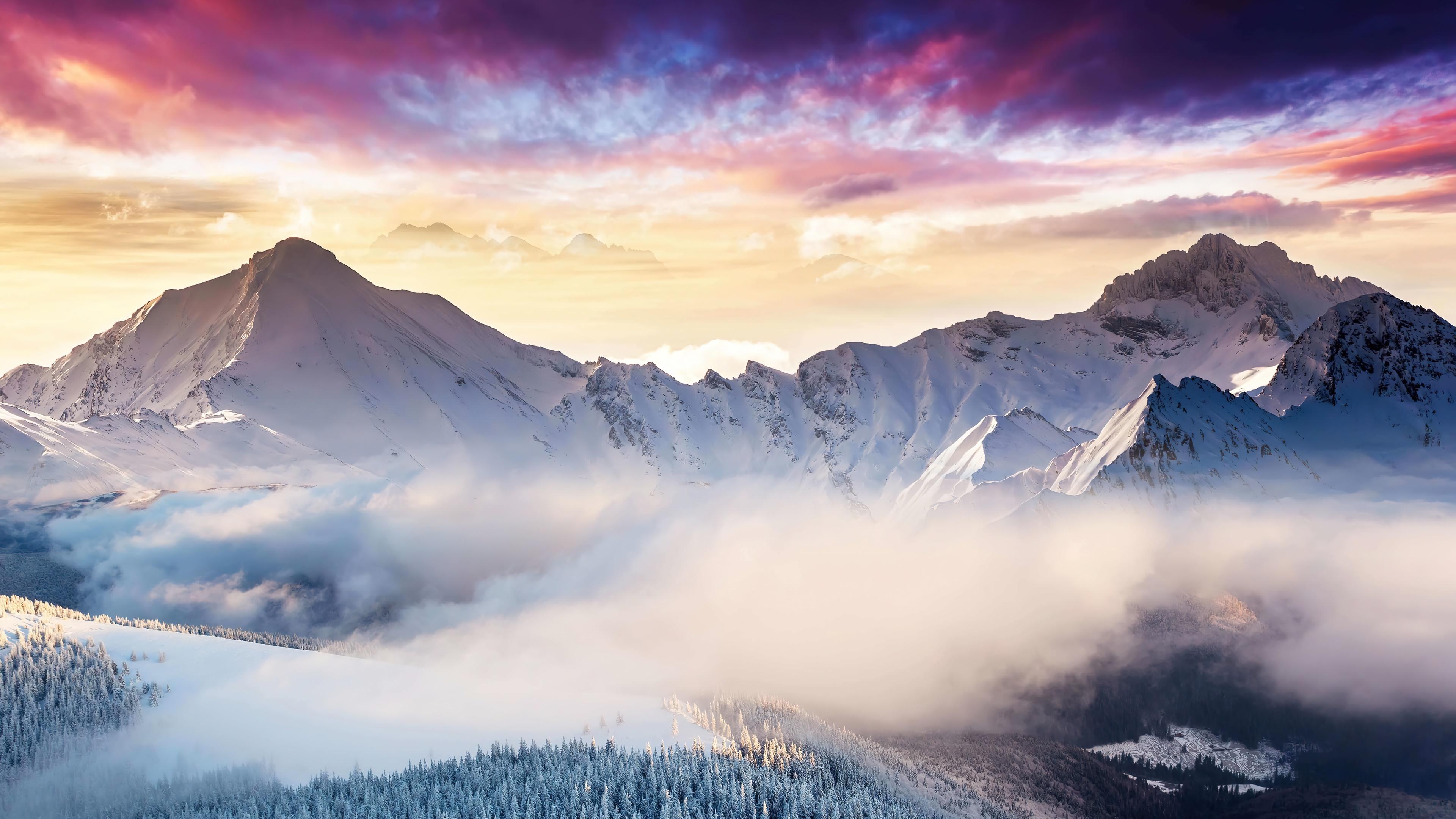 3840x2160 snowy, mountain, sunrise, scenery, 4k Gallery HD Wallpaper