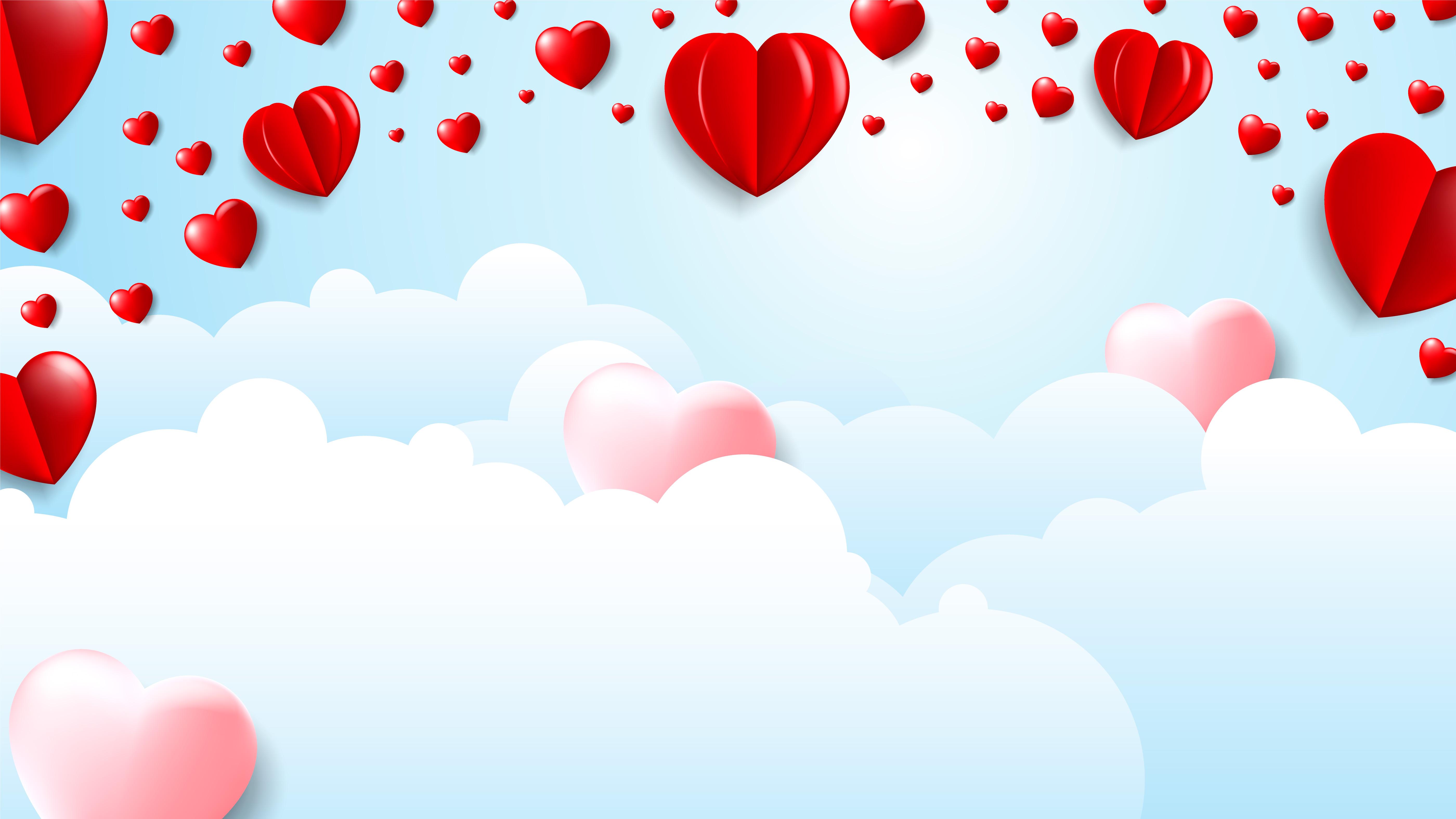 5600x3150 Valentine's Day Cloud background with Pink and Red 3D Hearts