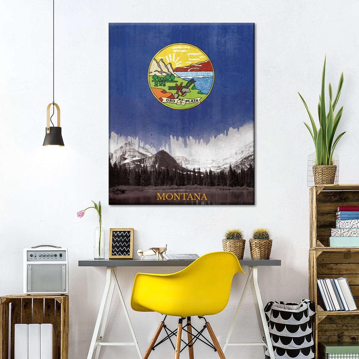 1200x1200 Montana Flag Over Landscape Wall Art