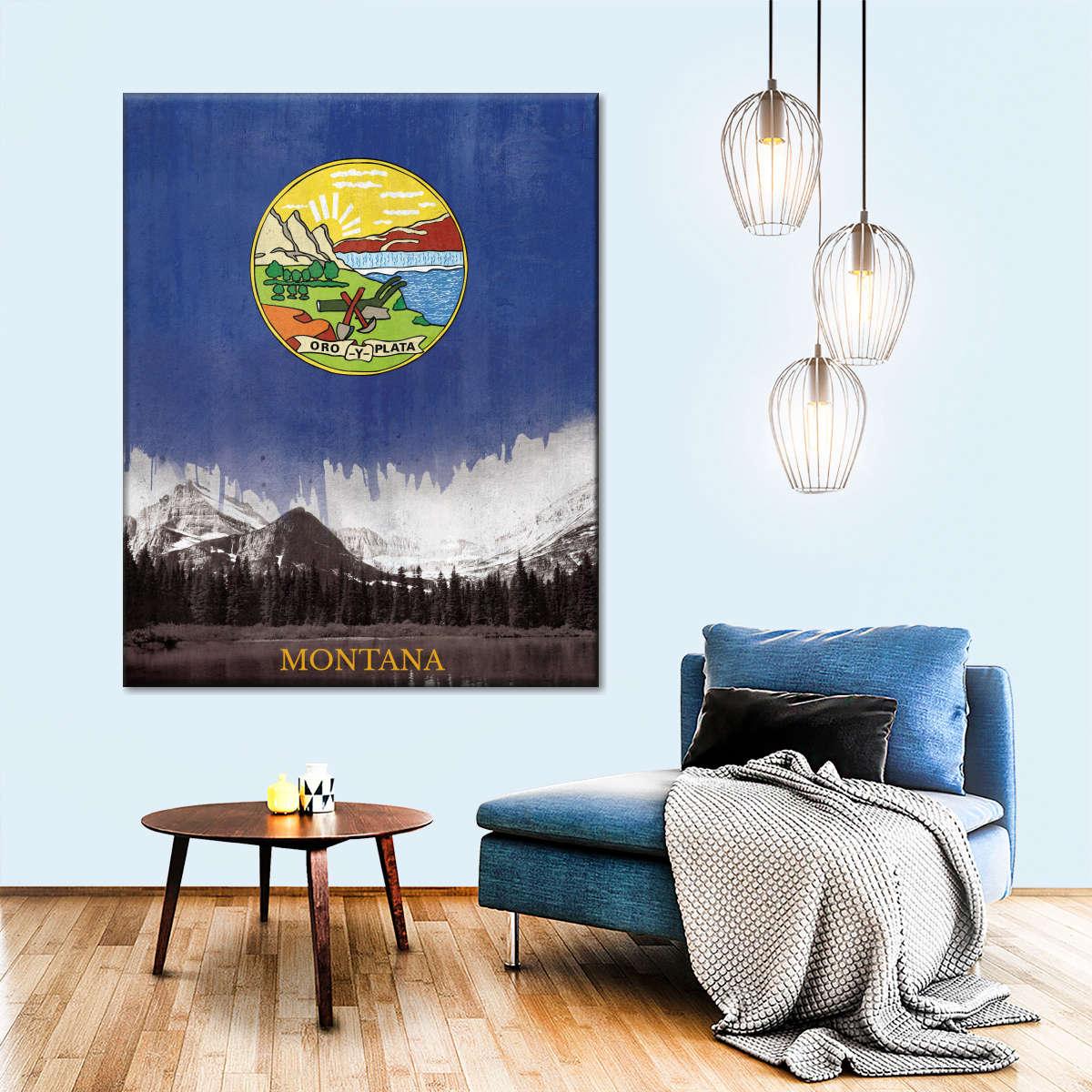 1200x1200 Montana Flag Over Landscape Wall Art