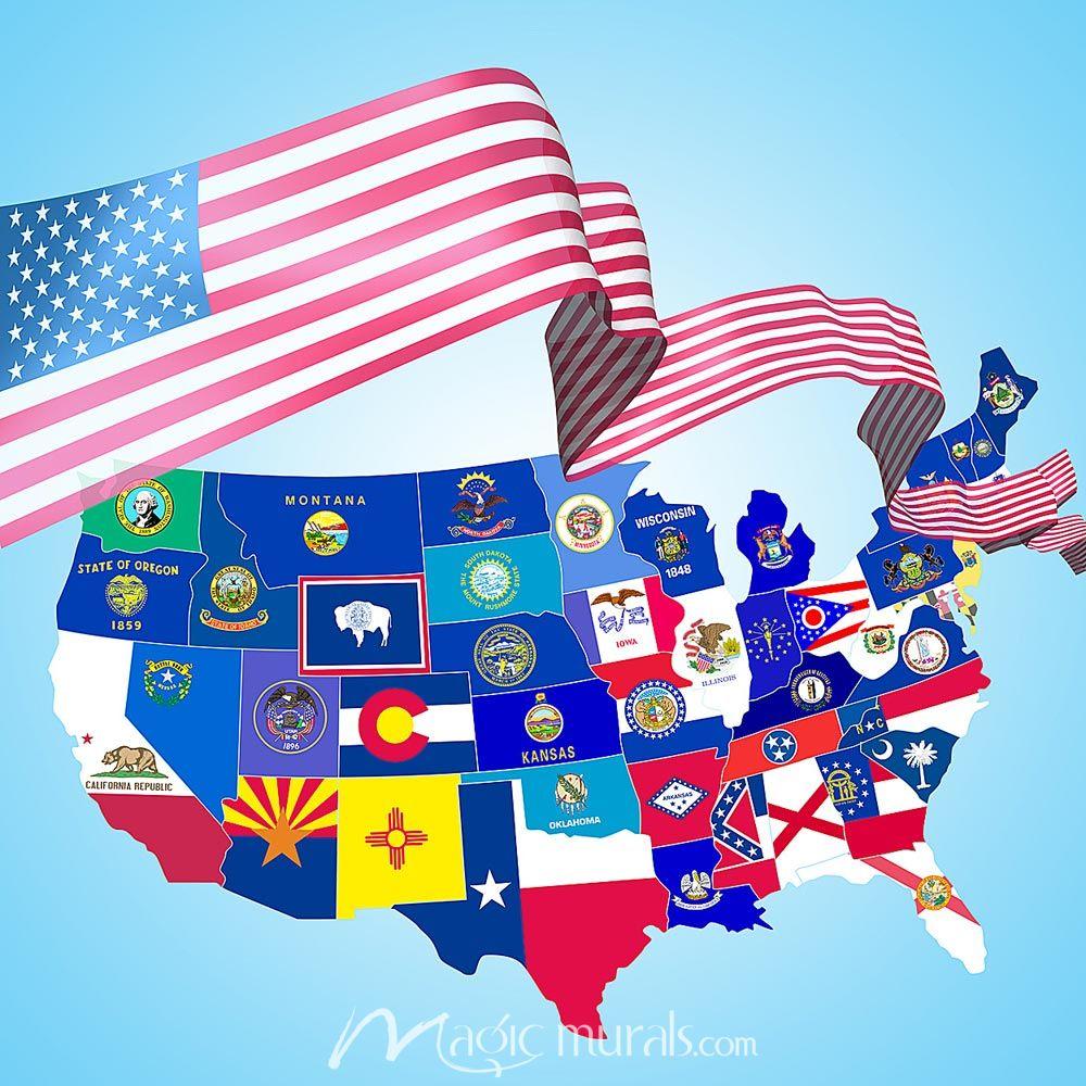 1000x1000 USA Flag Map Wallpaper Wall Mural
