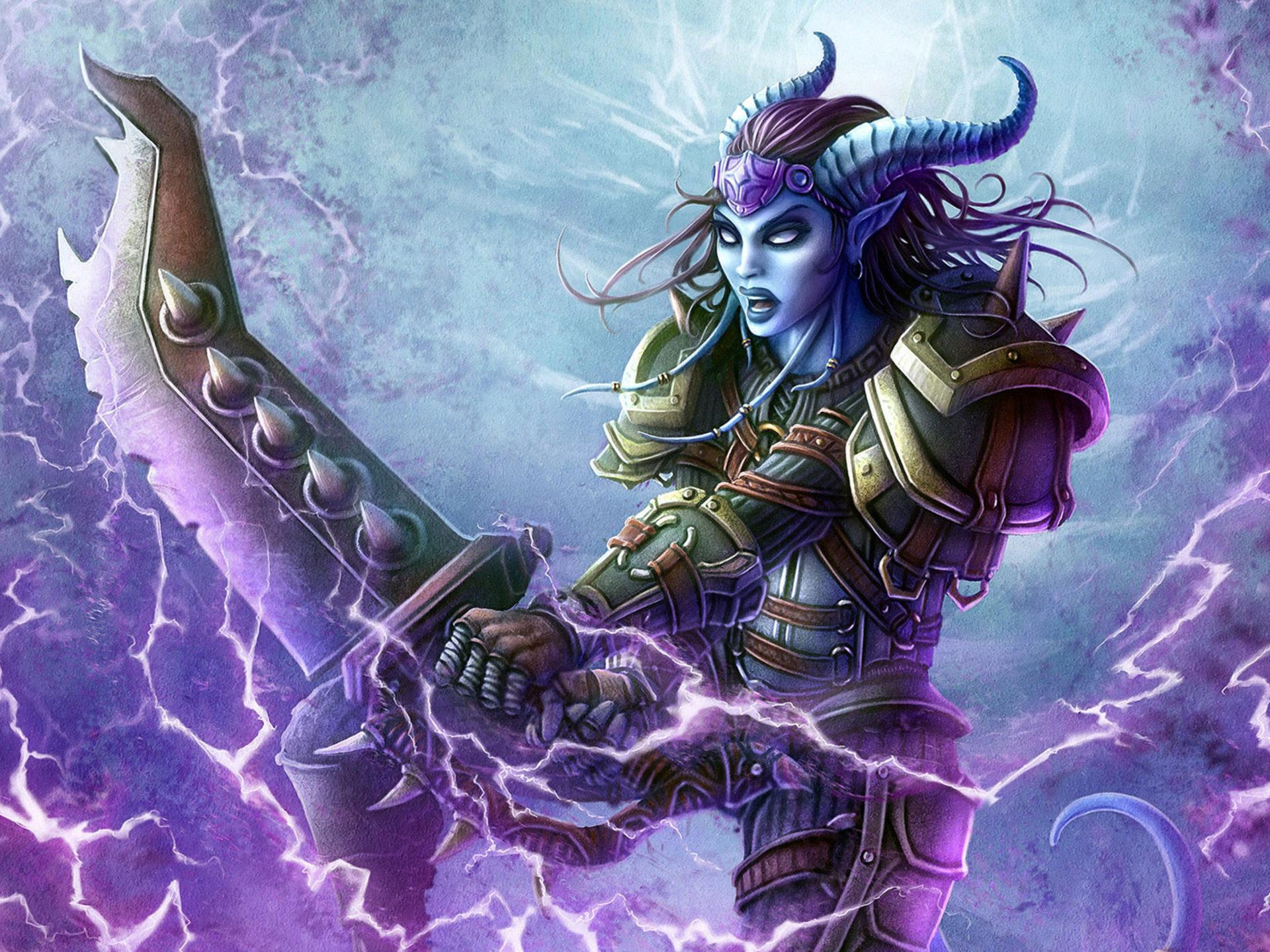 1920x1440 Video game World Of Warcraft night elf hunter magic sword horn fantasy female demon Art HD Wallpaper for laptop and tablet 3840x2160 :