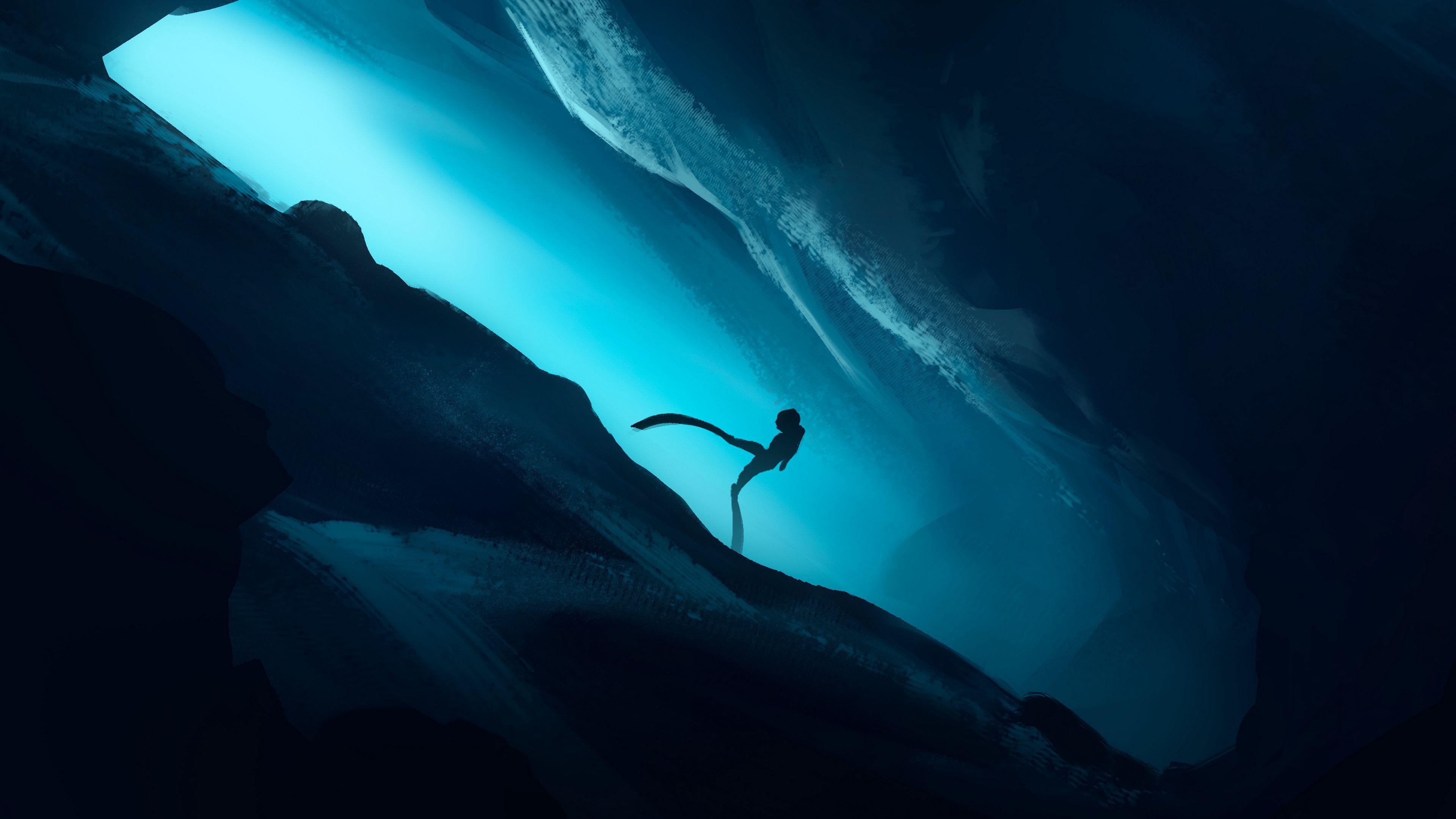 3840x2160 Download wallpaper 3840x2160 diver, depth, cave, ocean, underwater, art 4k uhd 16:9 HD background