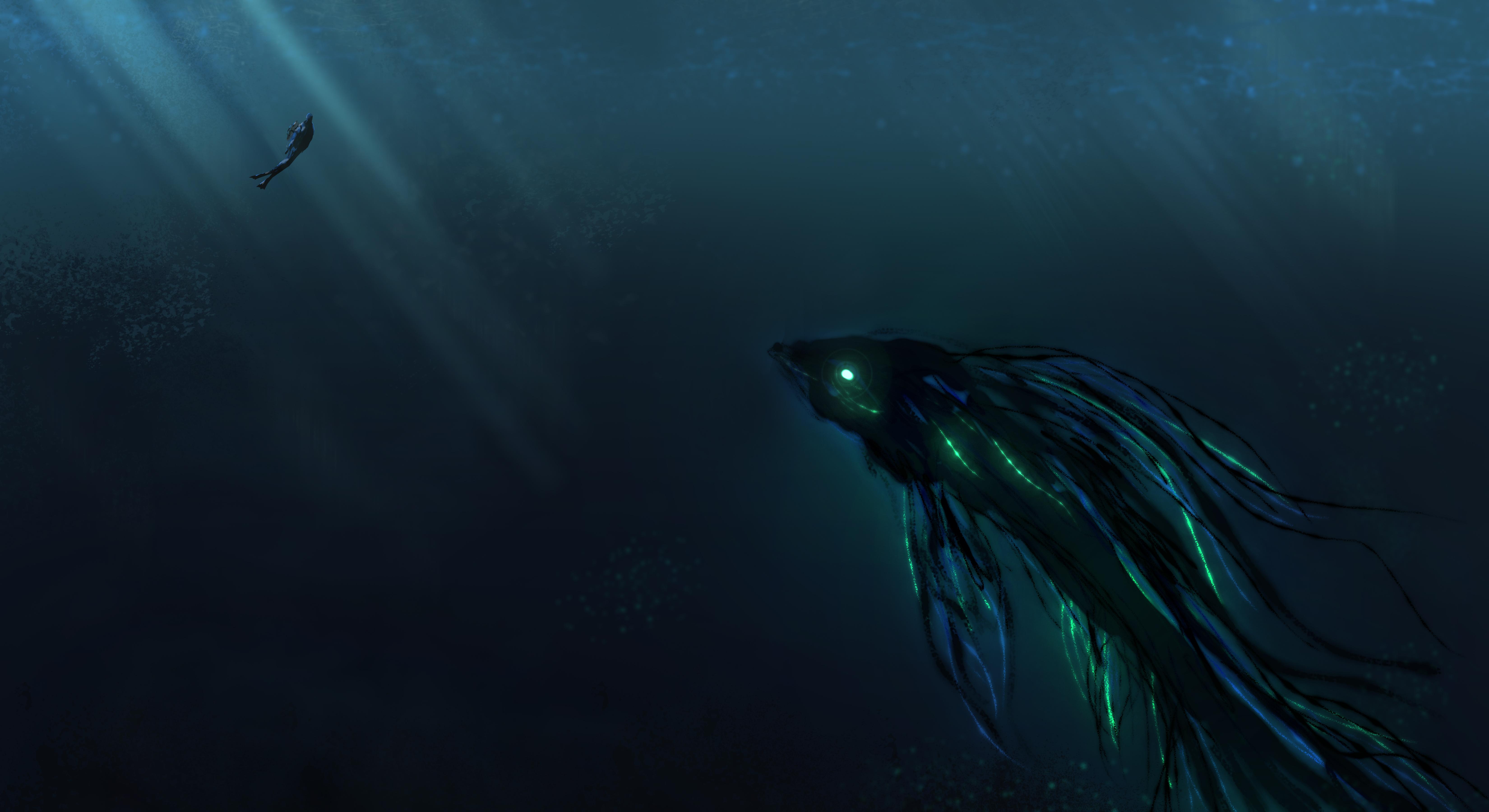 6600x3600 Giant creature, Deep Sea, Scuba Diver, 4K Gallery HD Wallpaper