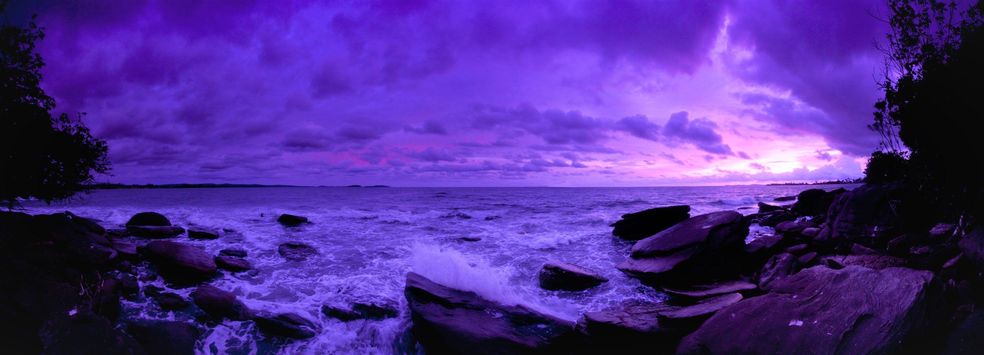 3319x1200 Purple Beach Sunset HD Wallpaper. Background Imagex1200. Purple aesthetic background, Purple sunset, Dark purple wallpaper