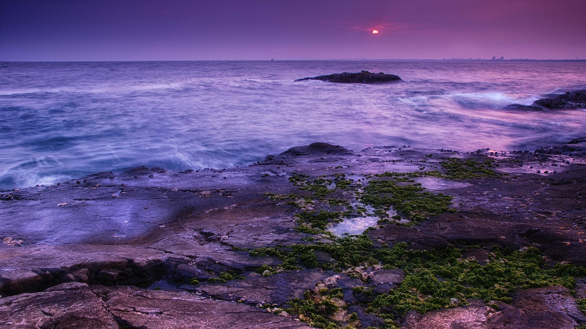 1920x1080 Wallpaper / enoshima, Japan, island, sunset, HDR, long exposure, sea, purple sky, beach free download