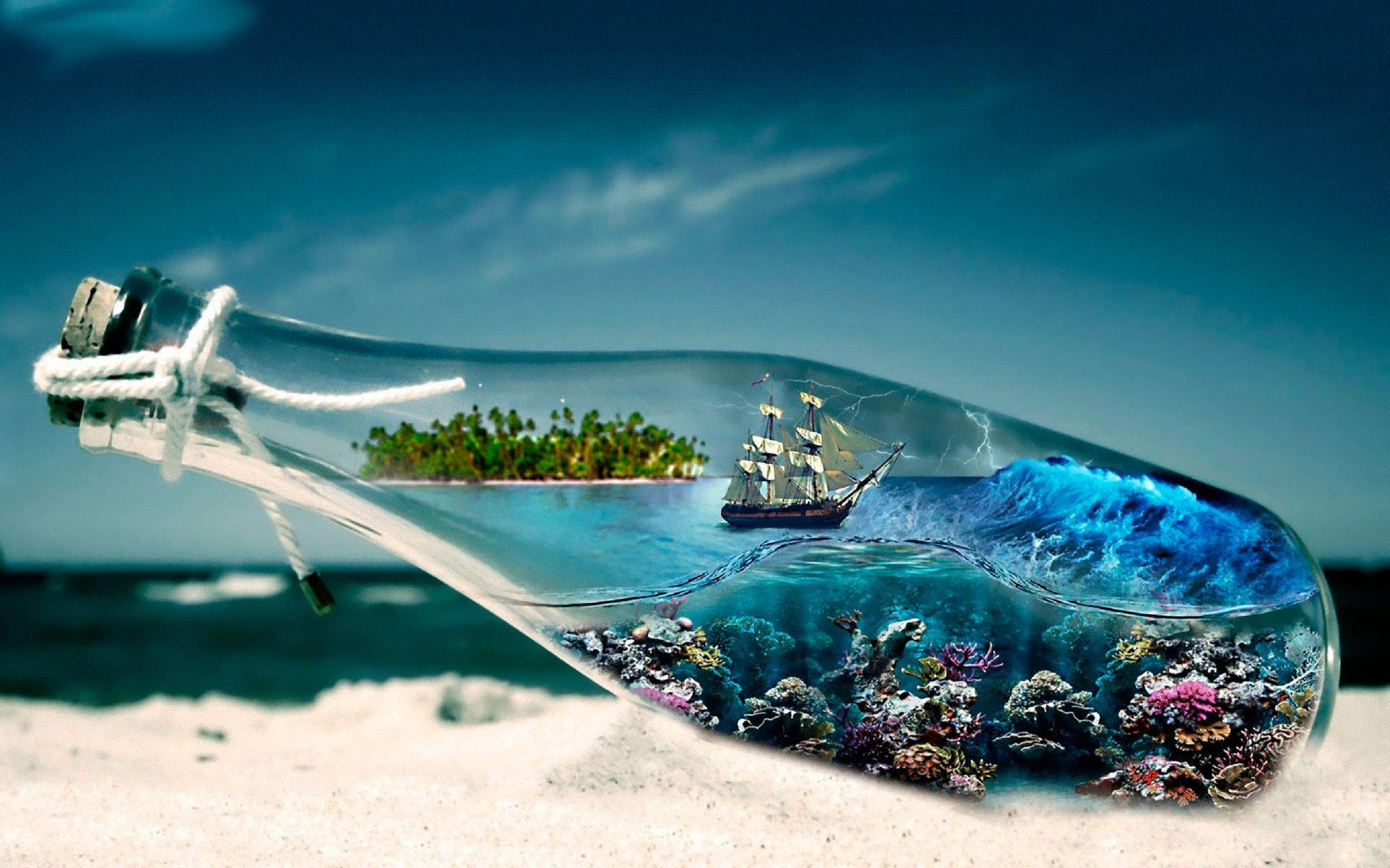 1920x1200 World In Glass Bottle Sea Boat Underwater World Seabed With Corals Desktop Wallpaper HD 2560x1600 :
