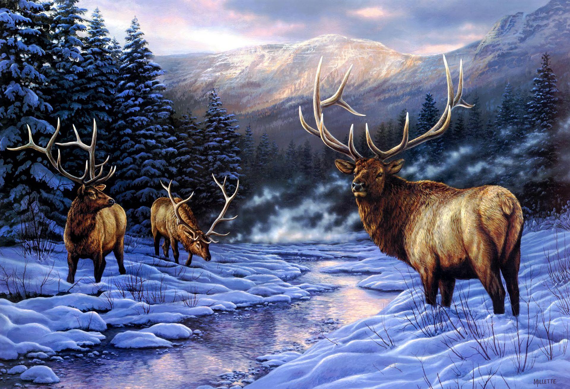1920x1310 HD desktop wallpaper: Winter, Snow, Forest, Tree, Painting, Deer, Artistic, River, Buck download free picture