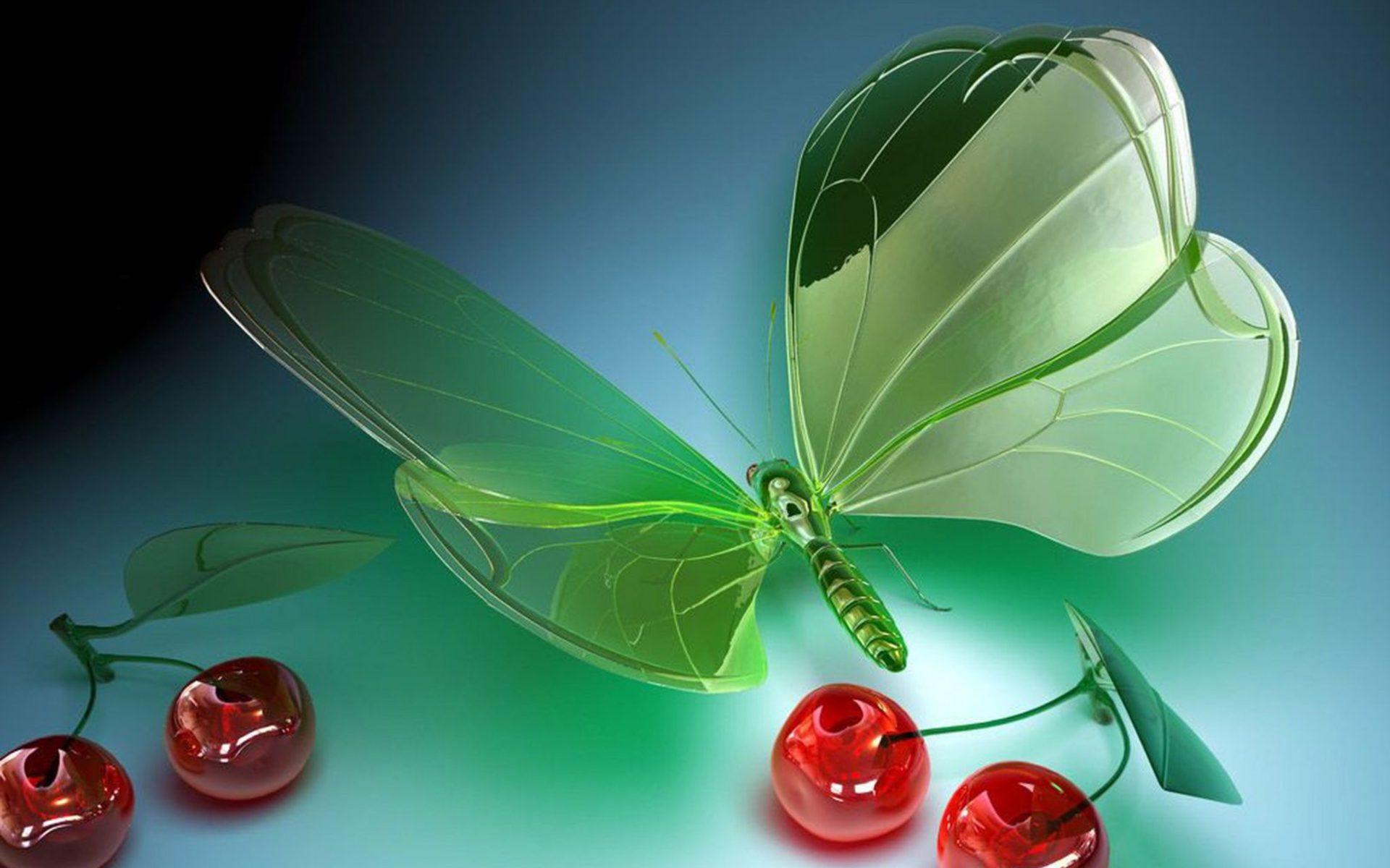 1920x1200 Butterfly And Red Cherries The Glass 3D Digital Art HD Wallpaper High Resolution 5120x3200 :