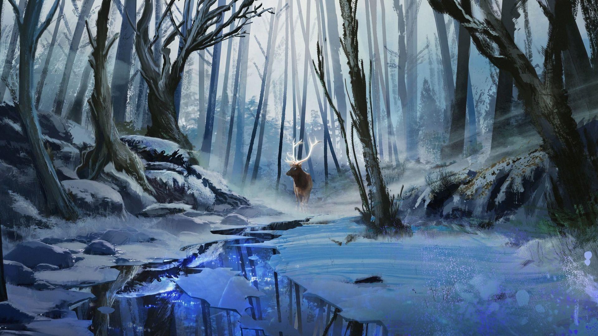 1920x1080 Fantasy animals. Winter art, Forest, Wallpaper