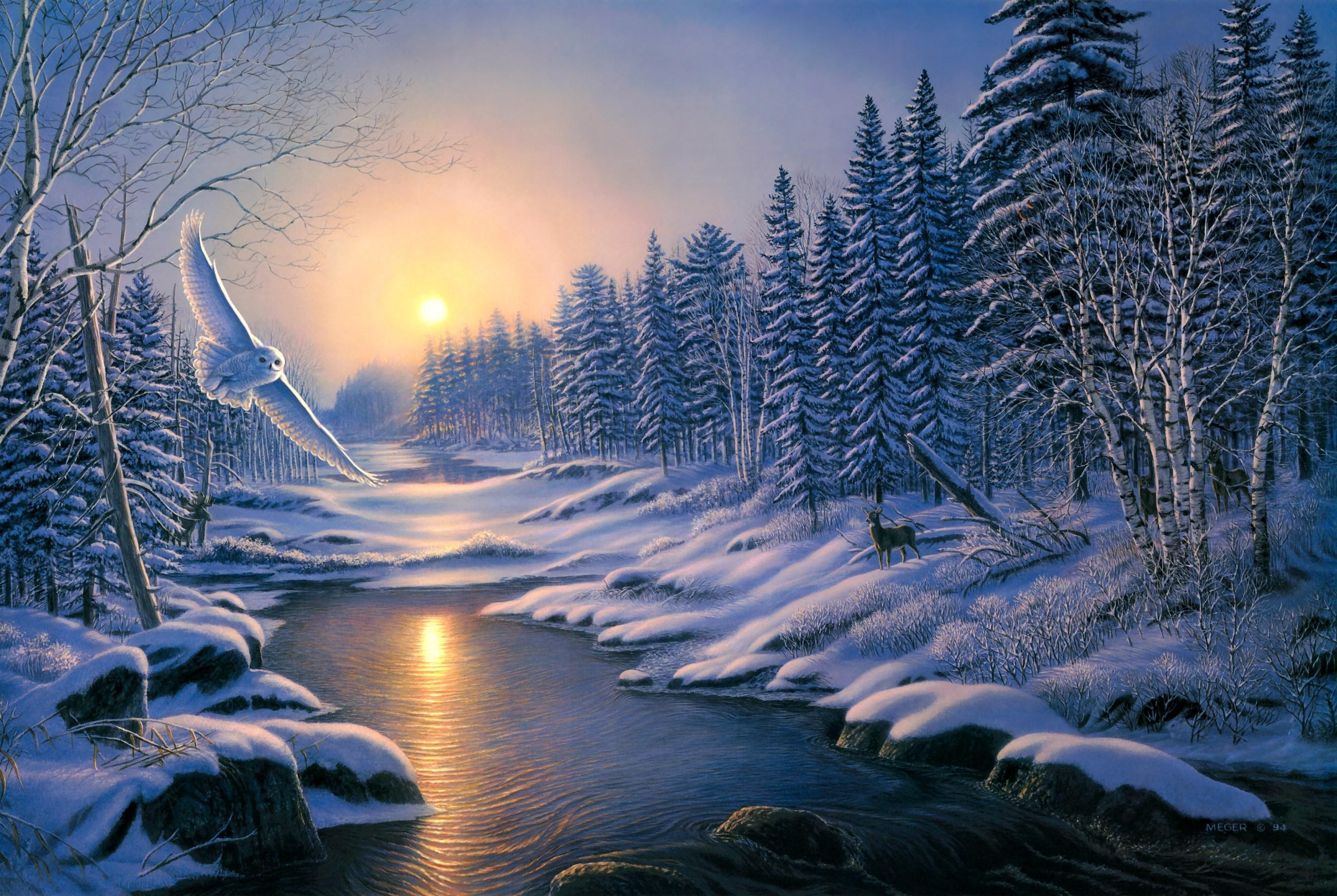 2730x1830 painting, Solstice, Sunset, Winter, Snow, Nature, Forest, Spruce, Birch, River, Owl, Deer Wallpaper HD / Desktop and Mobile Background