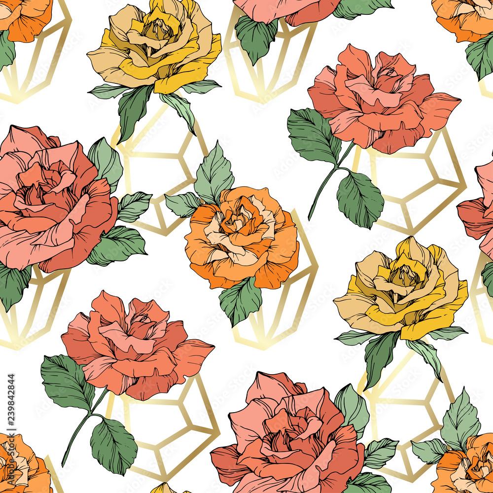 1000x1000 Vector Orange, yellow and coral rose flower. Engraved ink art. Seamless background pattern. Fabric wallpaper print. Stock Vector
