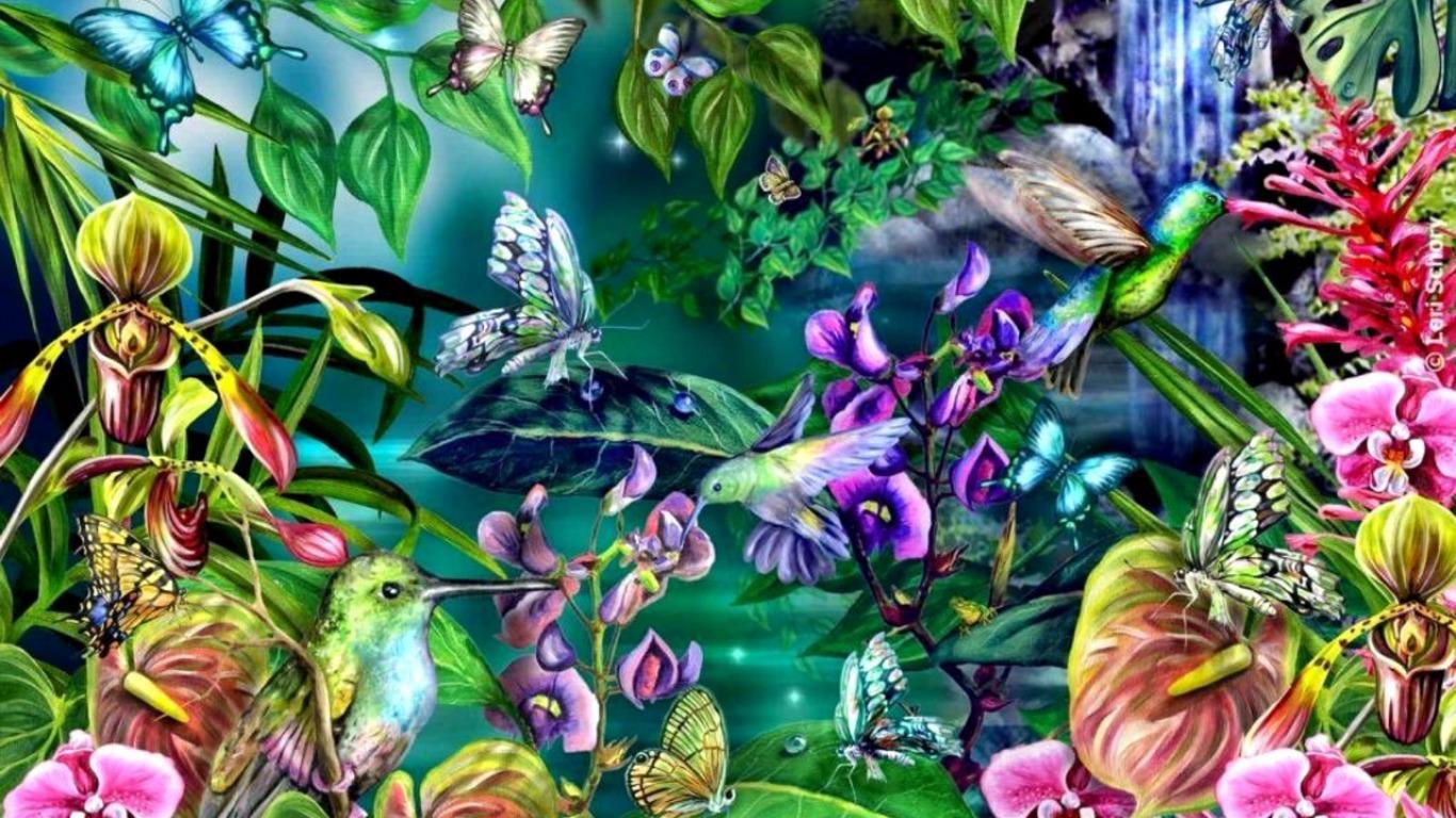 1366x768 HD desktop wallpaper: Flower, Plant, Bird, Collage, Butterfly, Painting, Spring, Artistic, Hummingbird download free picture