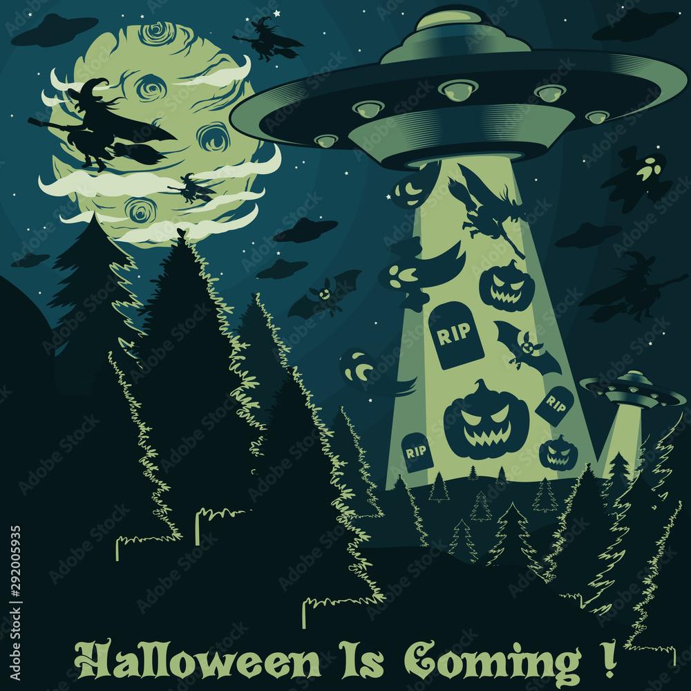 1000x1000 Unique and Trendy Halloween Banner or Poster with The Arrival of Aliens Carrying Halloween. Unique and Trendy Banner or Poster Background For Your Unique Design. Stock Vector