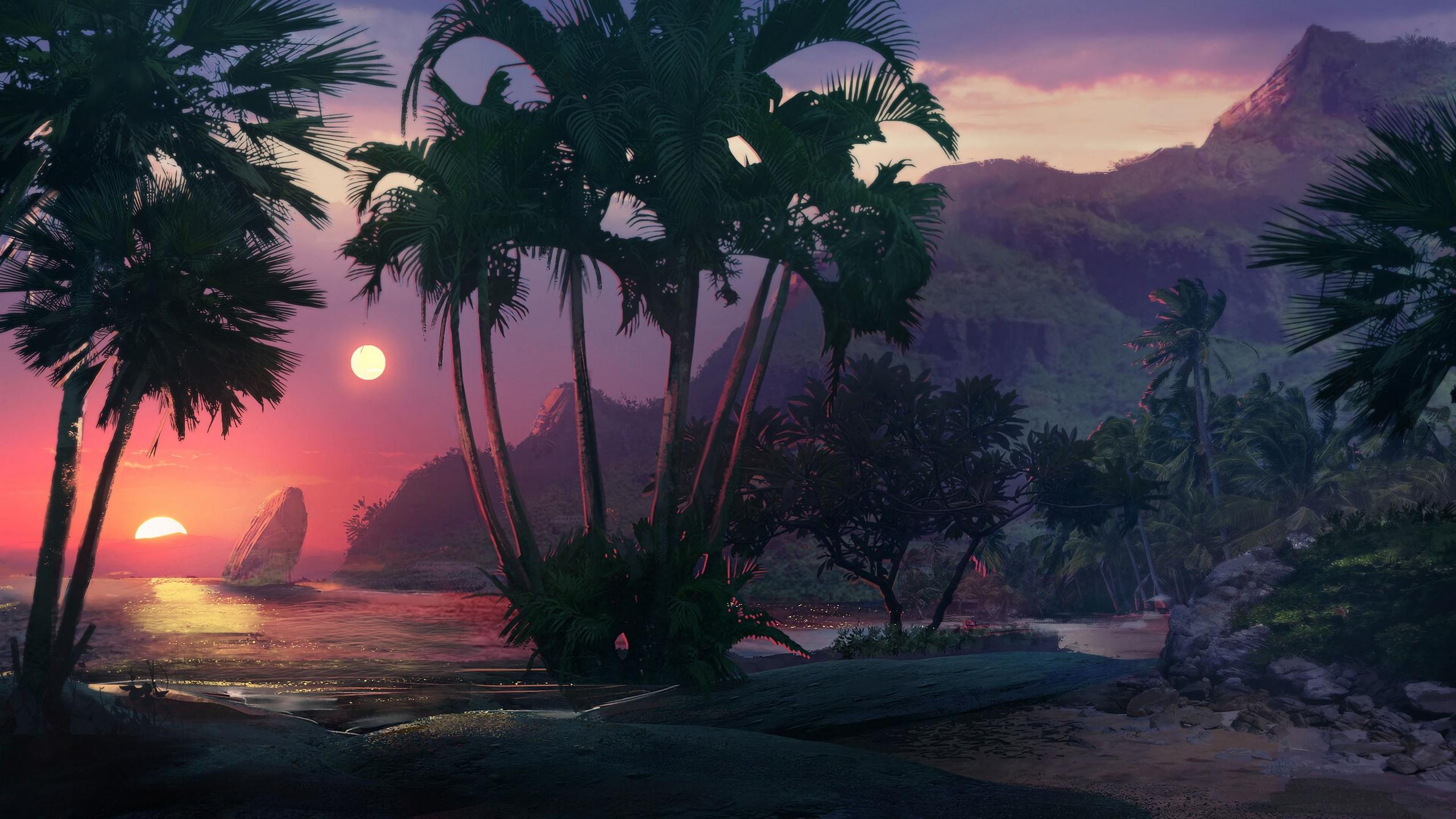 2560x1440 Wallpaper / sunset, beach, palm trees, sea, art, 4k free download