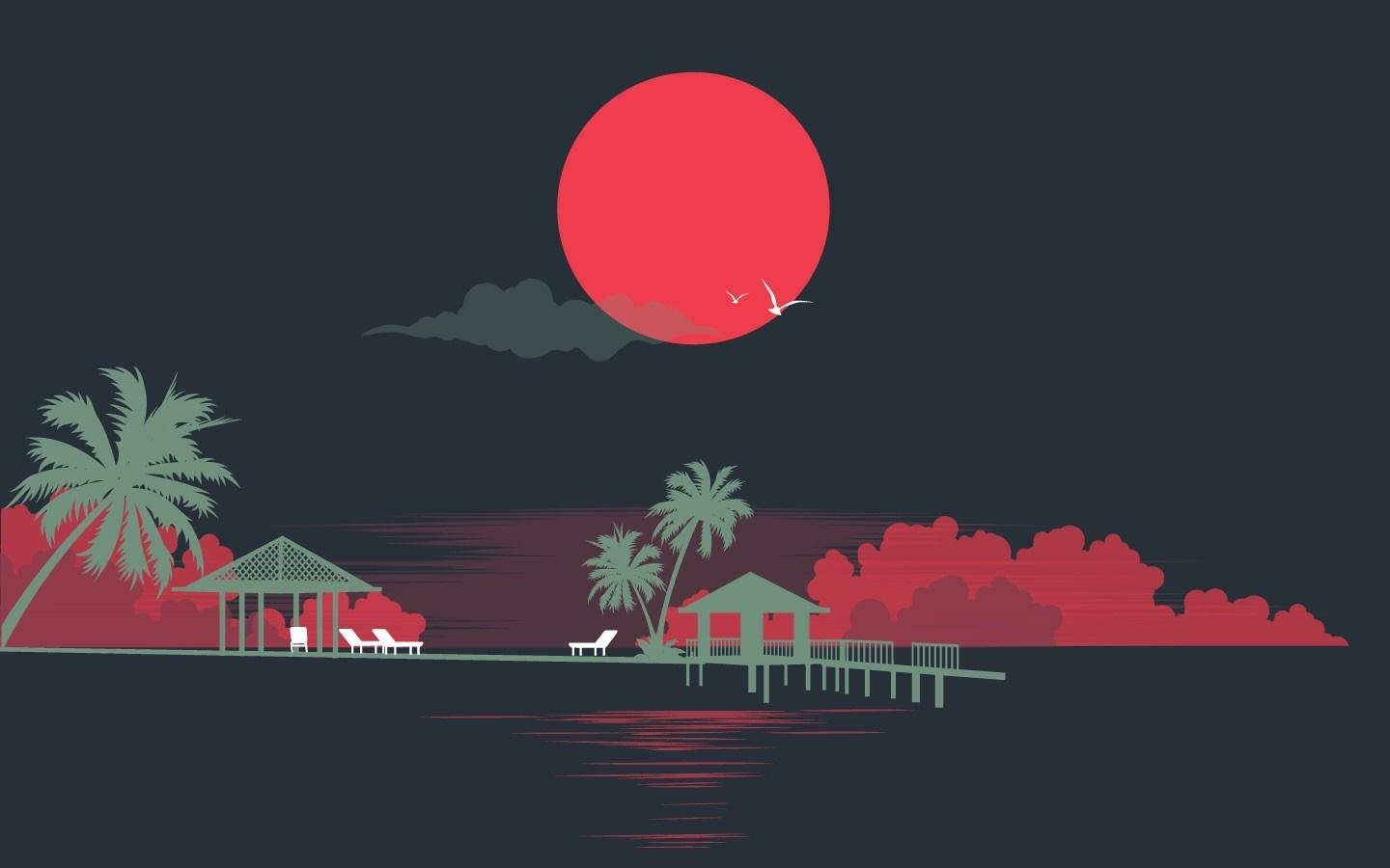 1440x900 digital art artwork minimalism gray background sun birds palm trees deck chairs pier sea clouds Gallery HD Wallpaper