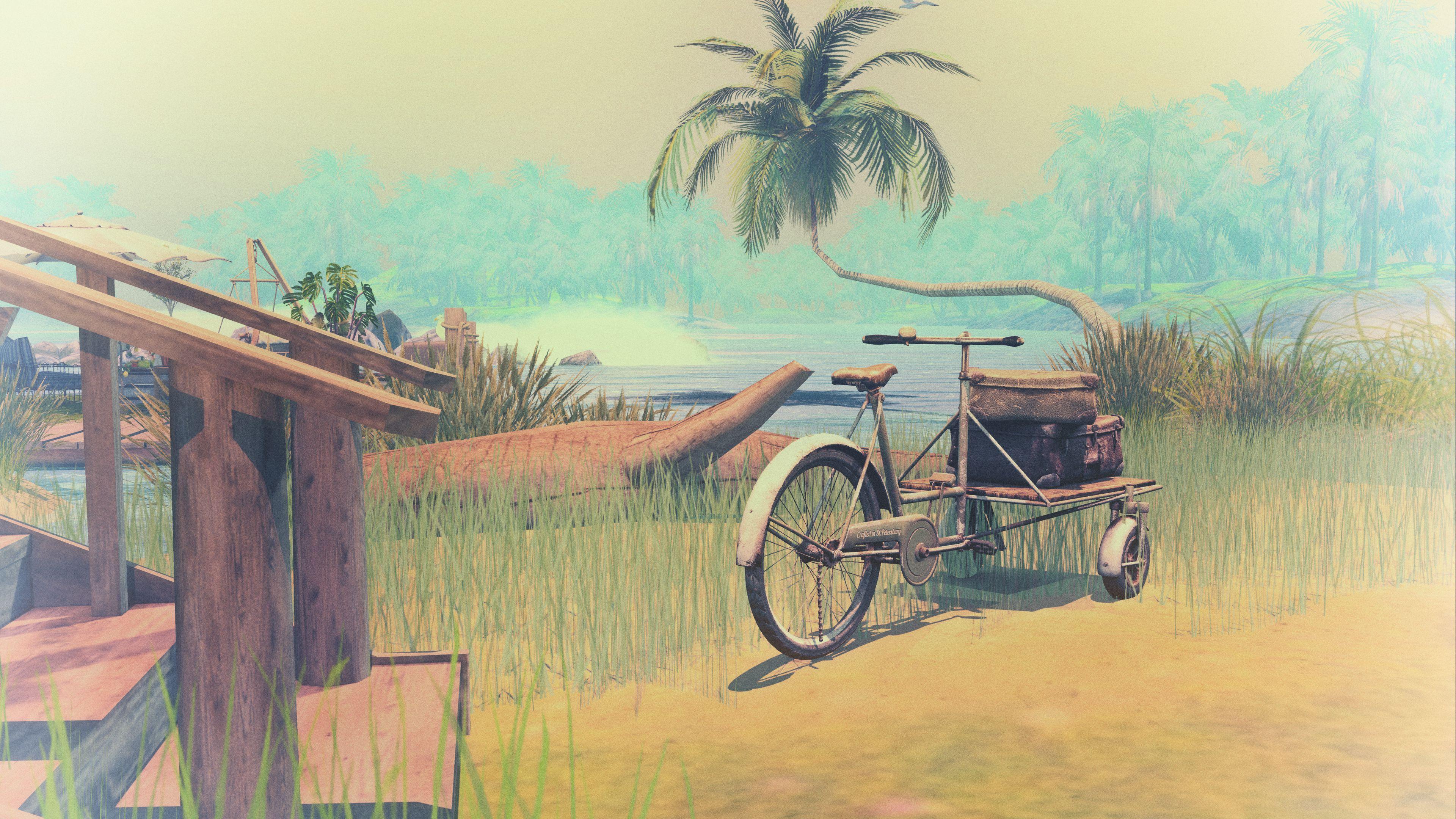 3840x2160 Download wallpaper 3840x2160 palm tree, art, lagoon, beach, bicycle, grass, wheel 4k uhd 16:9 HD background