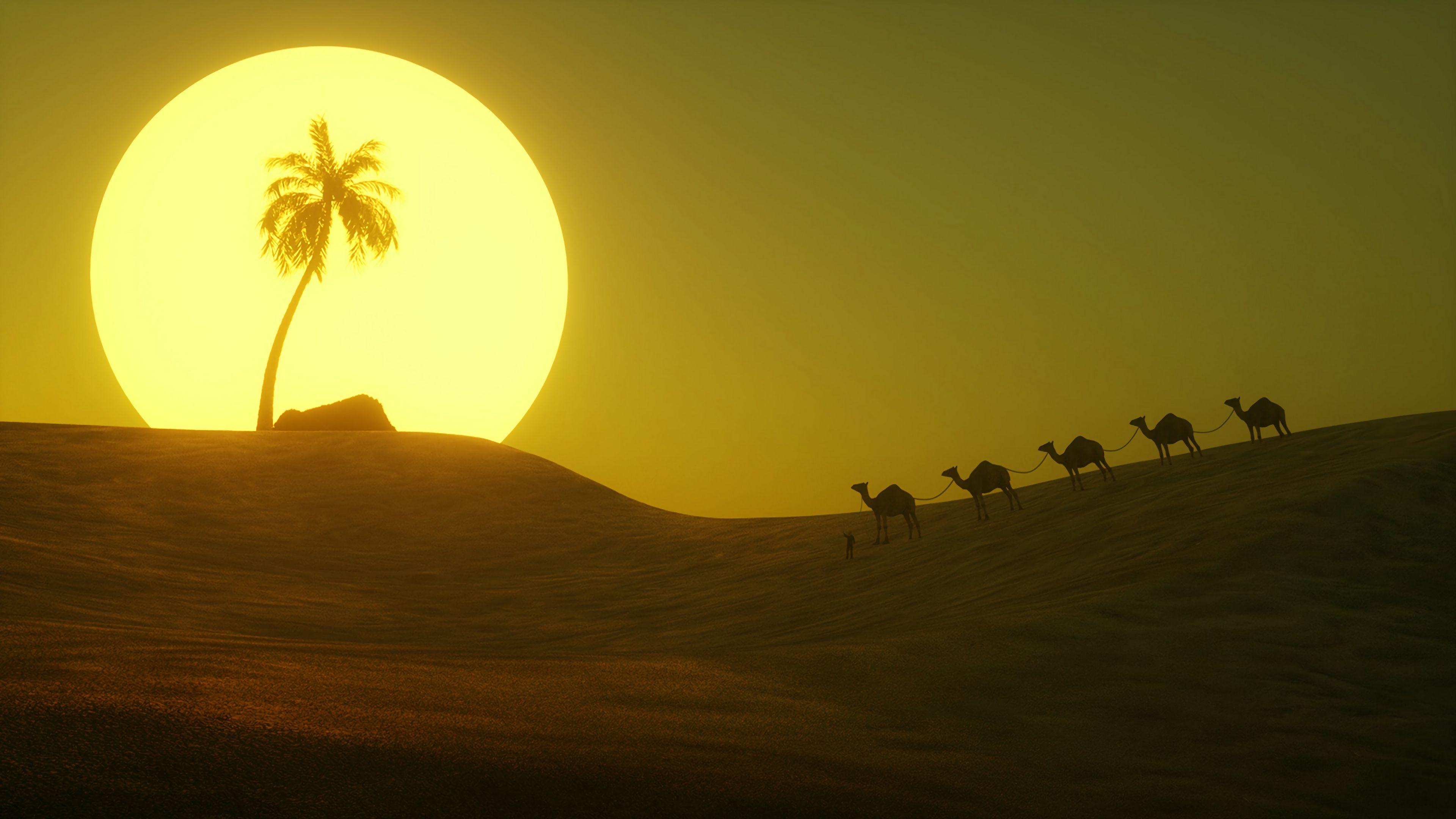 3840x2160 Download wallpaper 3840x2160 desert, sun, palm tree, hill, art 4k uhd 16:9 HD background