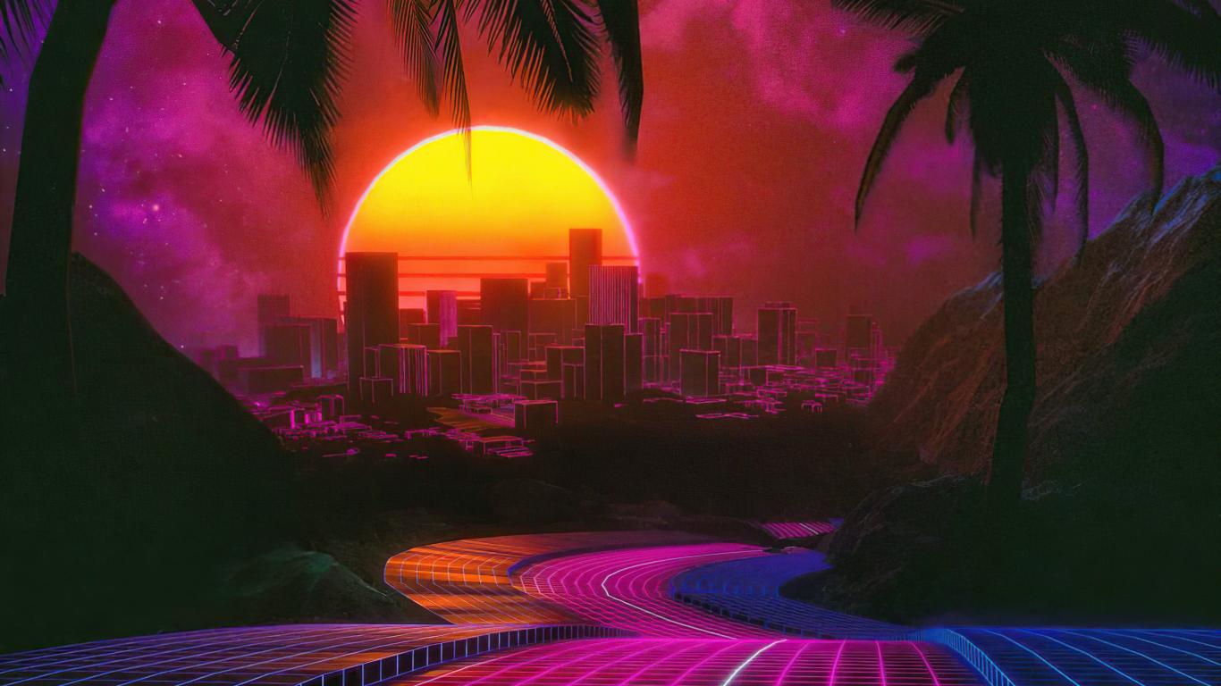 1366x768 Outrun Road To City Night Digital Art Wallpaper Background For Your XFCE Desktop