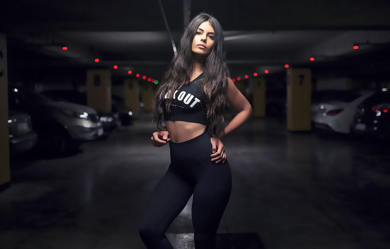 1332x850 Wallpaper girls, beautiful, model, beauty, women, brunette, tummy, parking lot, Black clothes image for desktop, section девушки