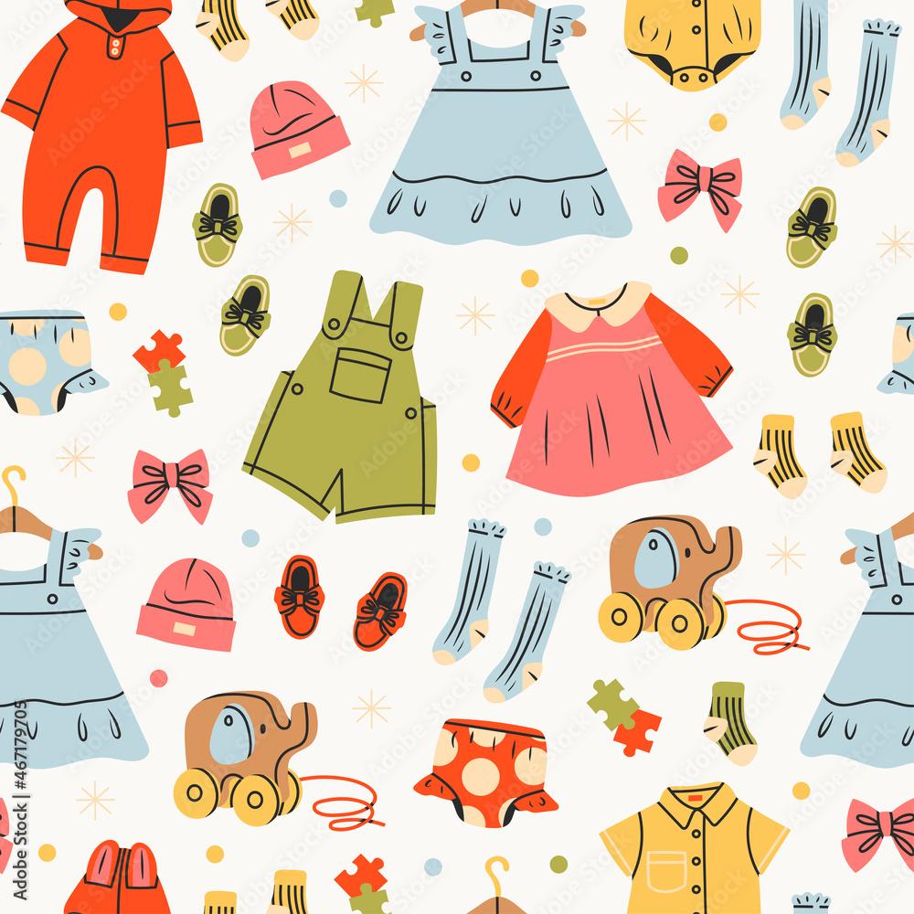 1000x1000 Various clothing for kids and infants. Top view of baby clothes and accessories. Comfortable, cozy baby fashion concept. Hand drawn Vector seamless Pattern. Colorful background, wallpaper template Stock Vector