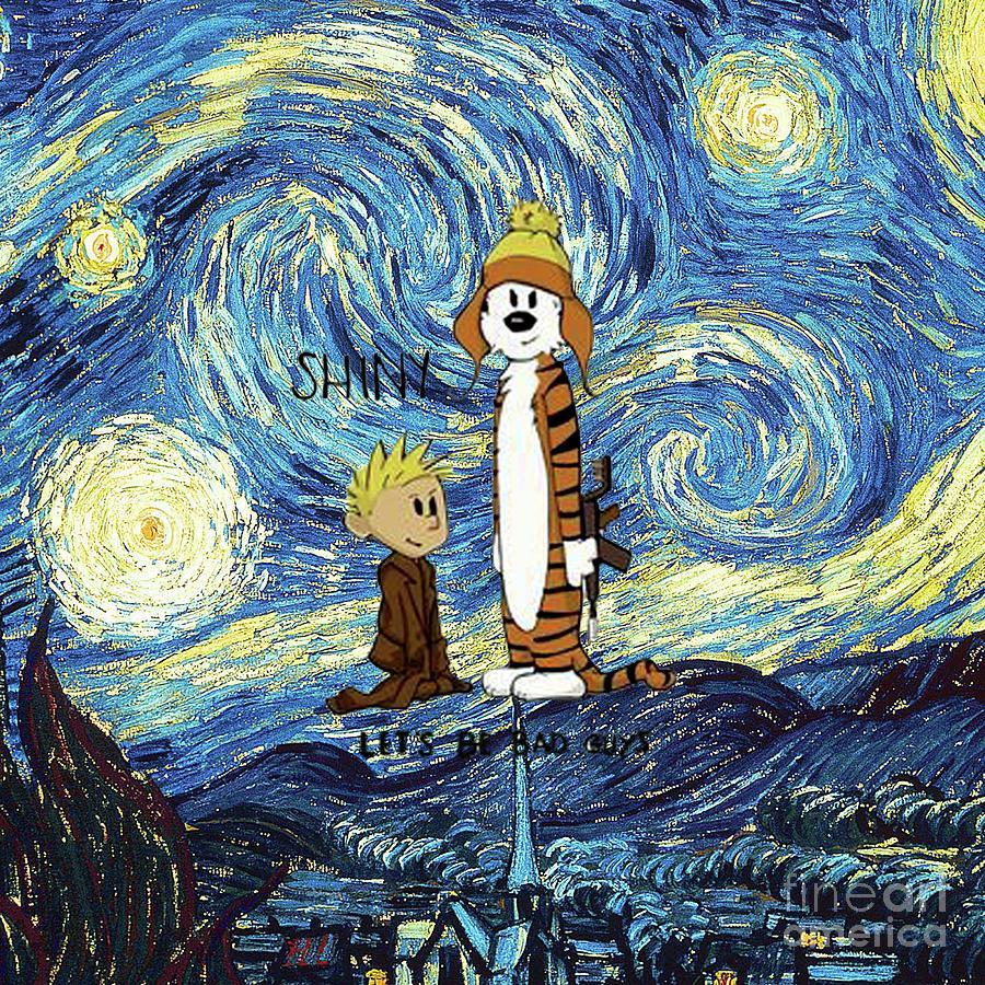 900x900 Hunter Calvin And Hobbes Starry Night Digital Art