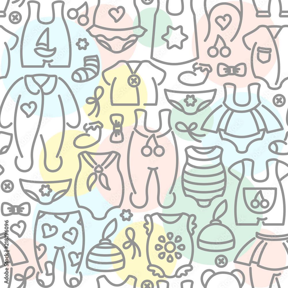 1000x1000 Baby clothes seamless pattern. Linear style vector illustration. Suitable for wallpaper, wrapping or textile Stock Vector