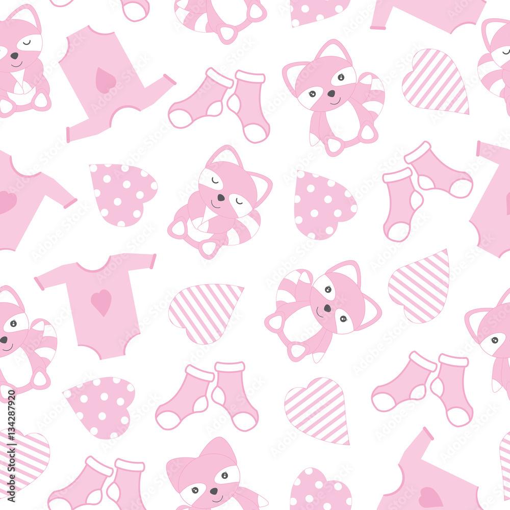 1000x1000 baby shower seamless background with cute raccoon, baby clothes and love shape suitable for baby shower wallpaper, scrap paper and wrapping paper Stock Vector