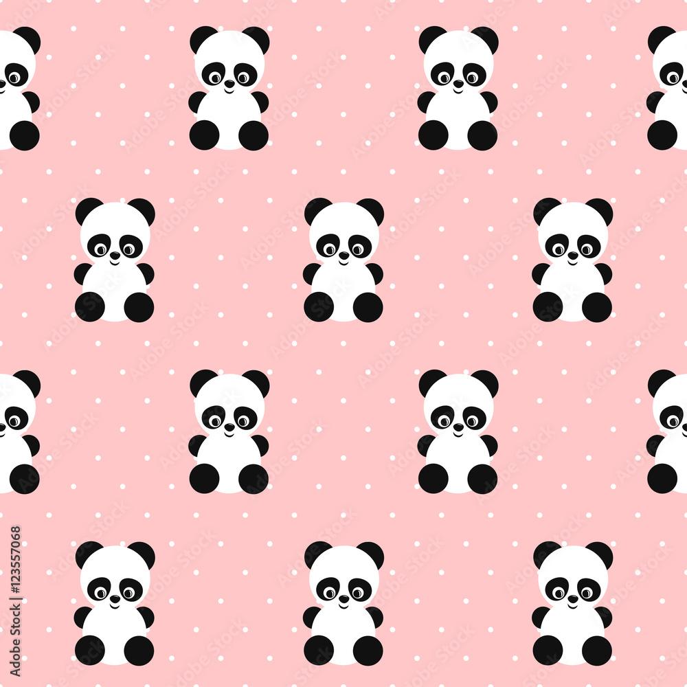 1000x1000 Panda seamless pattern on polka dots pink background. Cute design for print on baby's clothes, textile, wallpaper, fabric. Vector background with smiling baby animal koala. Child style illustration. Stock Vector