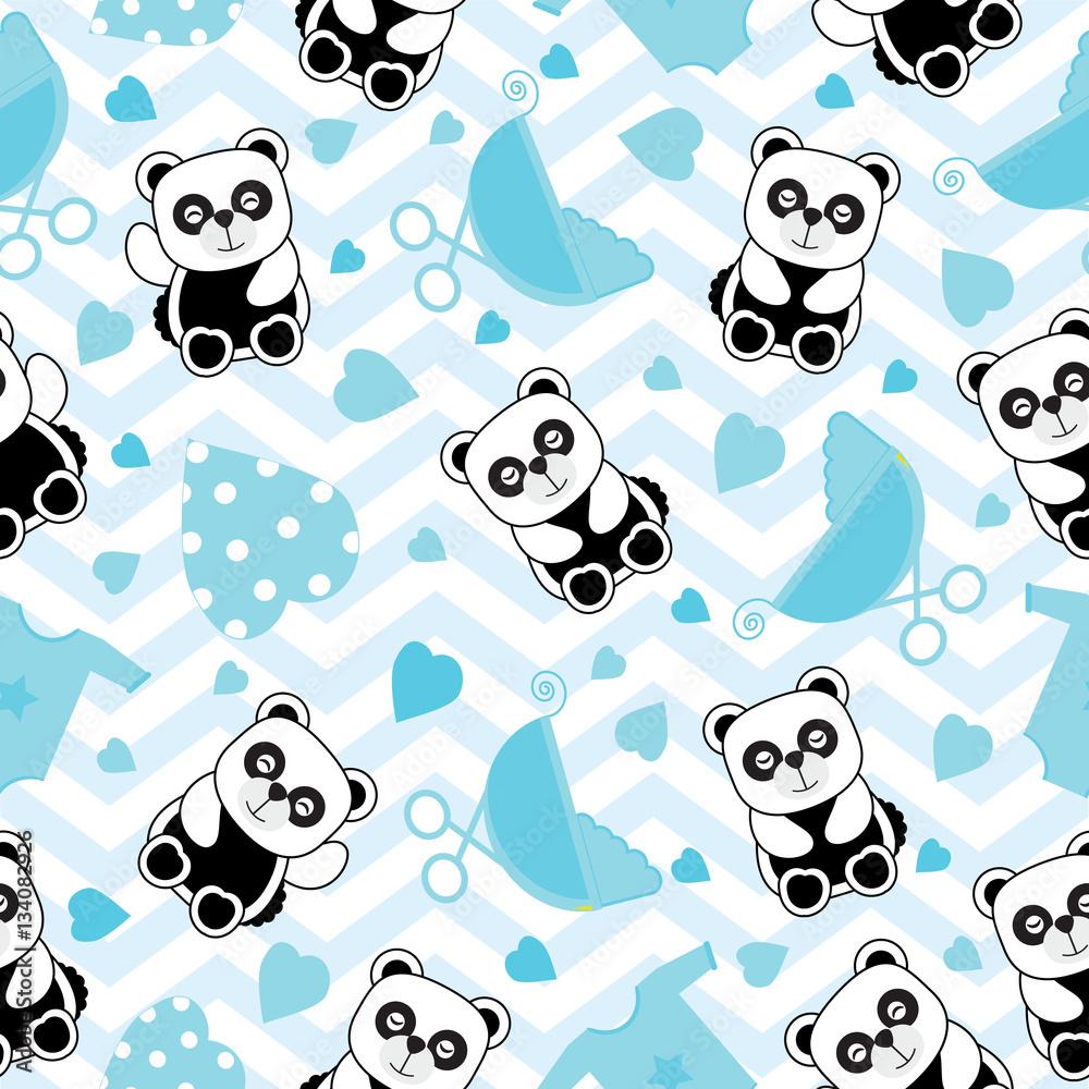 1000x1000 Baby shower seamless background with baby panda and baby clothes on chevron background suitable for baby shower's scrap paper, wallpaper and wrapping paper Stock Vector
