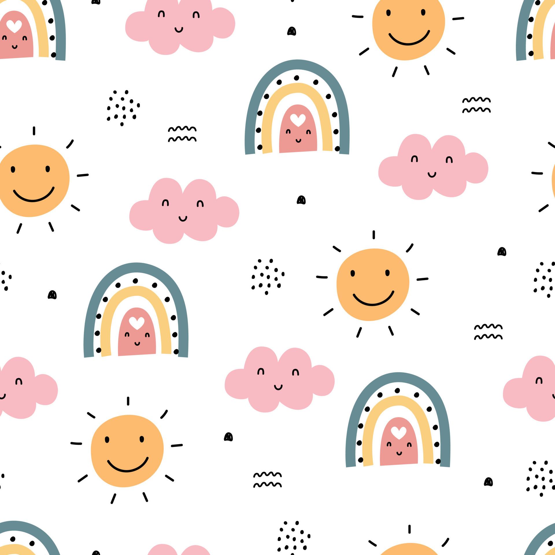 1920x1920 Seamless baby pattern rainbow with clouds on white background, hand drawn, designed in a cartoon style. Used for prints, decorative wallpaper, baby clothes motifs, textiles Vector Illustration