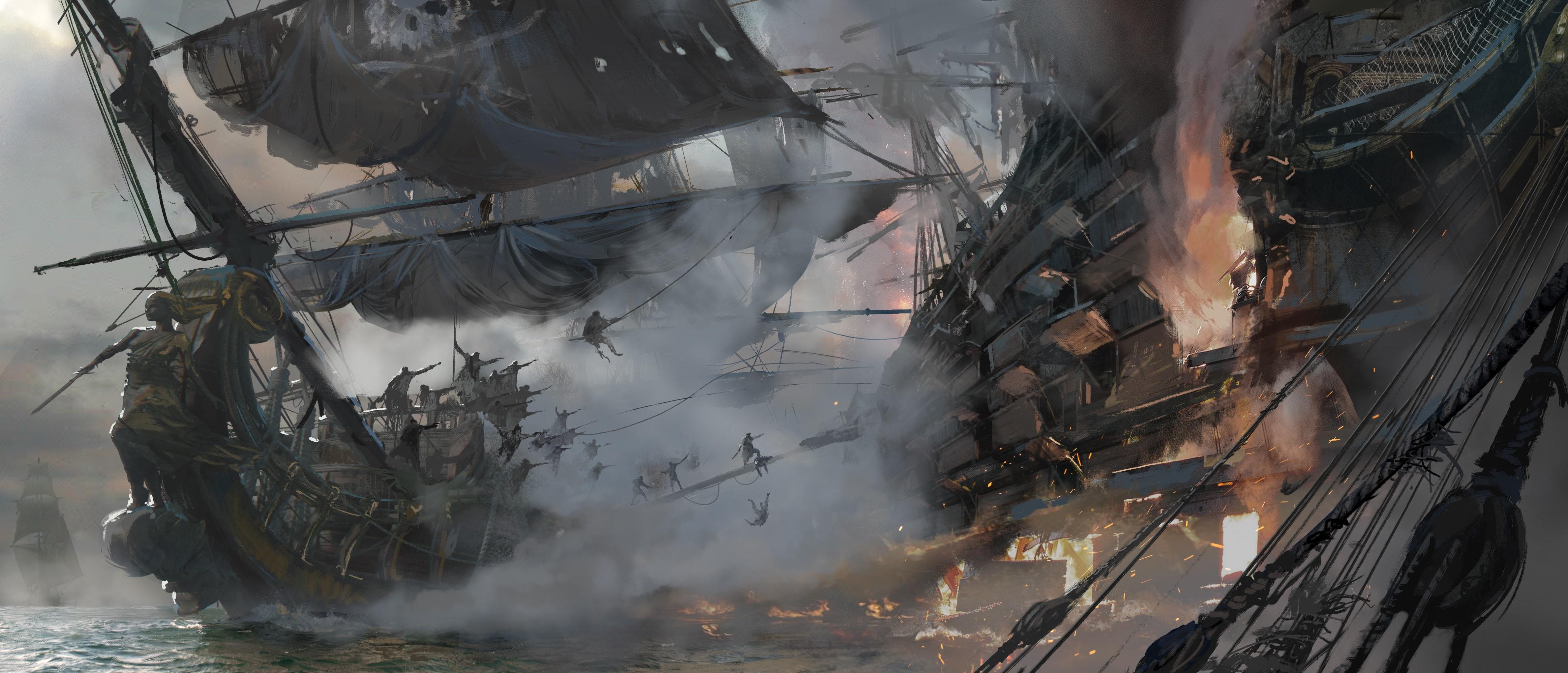 4756x2042 Wallpaper / ship, pirate ship, pirate, fight, 4K, war, Skull and Bones, kaizoku, game free download