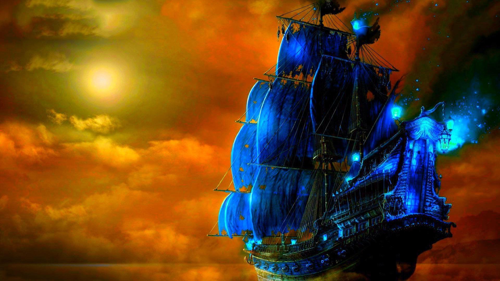 1920x1080 Sea pirate ship with moon light effect [1920x1080]