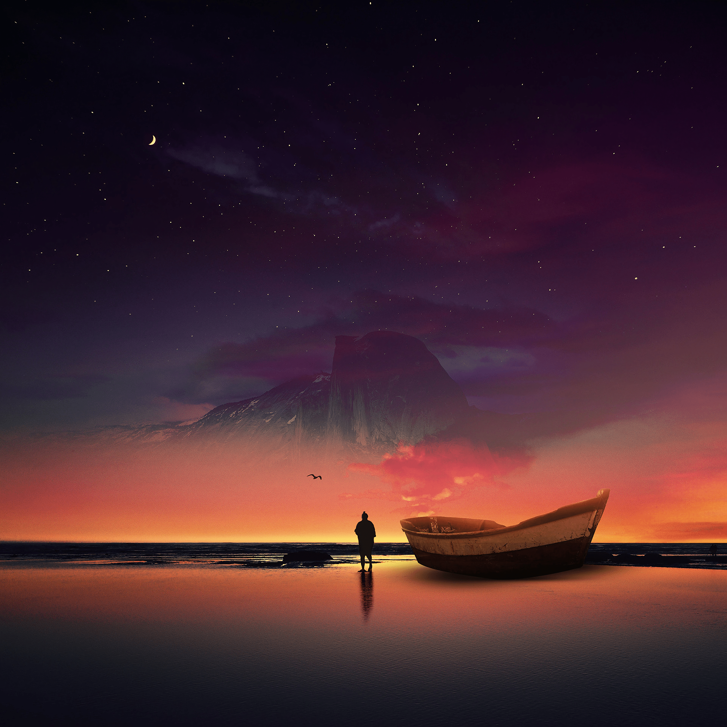 3000x3000 Download wallpaper 3000x3000 boat, silhouette, photohop, shore, ocean, starry sky, night HD background