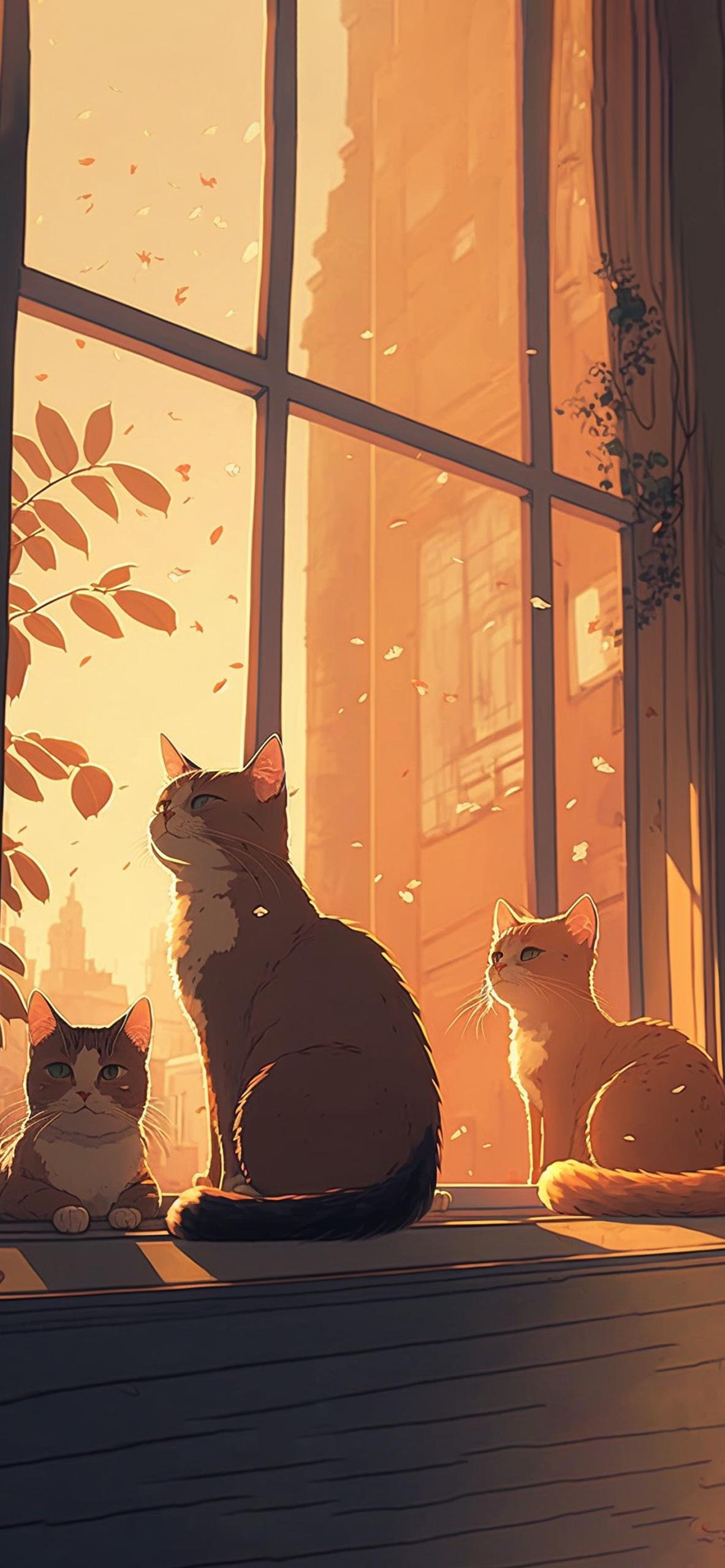 1183x2560 Cats on the Windowsill Anime Background Cats Wallpaper