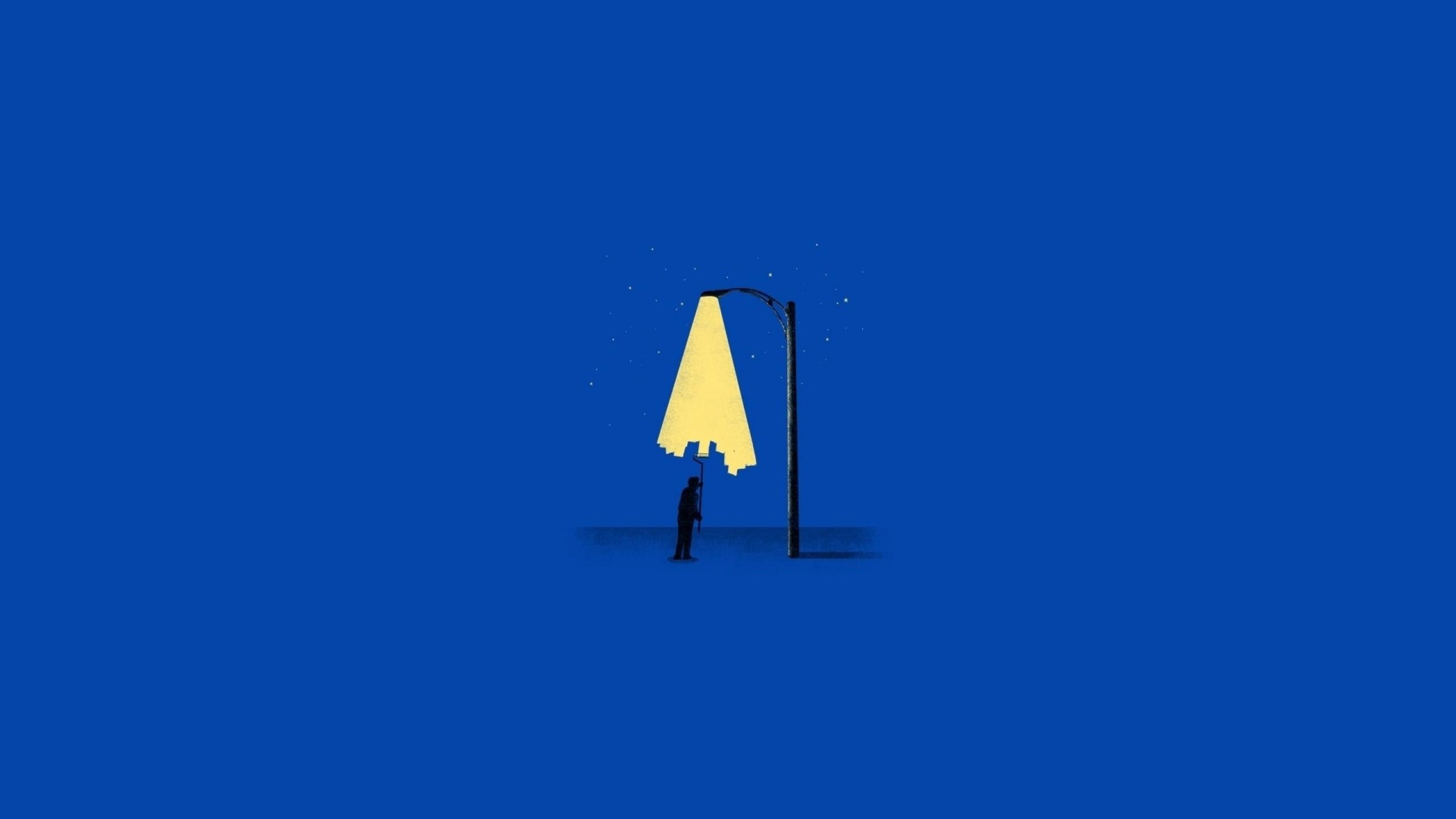 2560x1440 men, Digital Art, Minimalism, Simple, Simple Background, Blue Background, Painting, Street Light, Lamp, Silhouette, Stars, Humor Wallpaper HD / Desktop and Mobile Background
