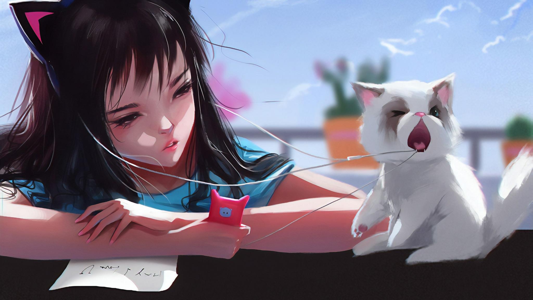 2048x1152 Wallpaper / anime girl, anime, cat, artist, artwork, digital art, HD free download