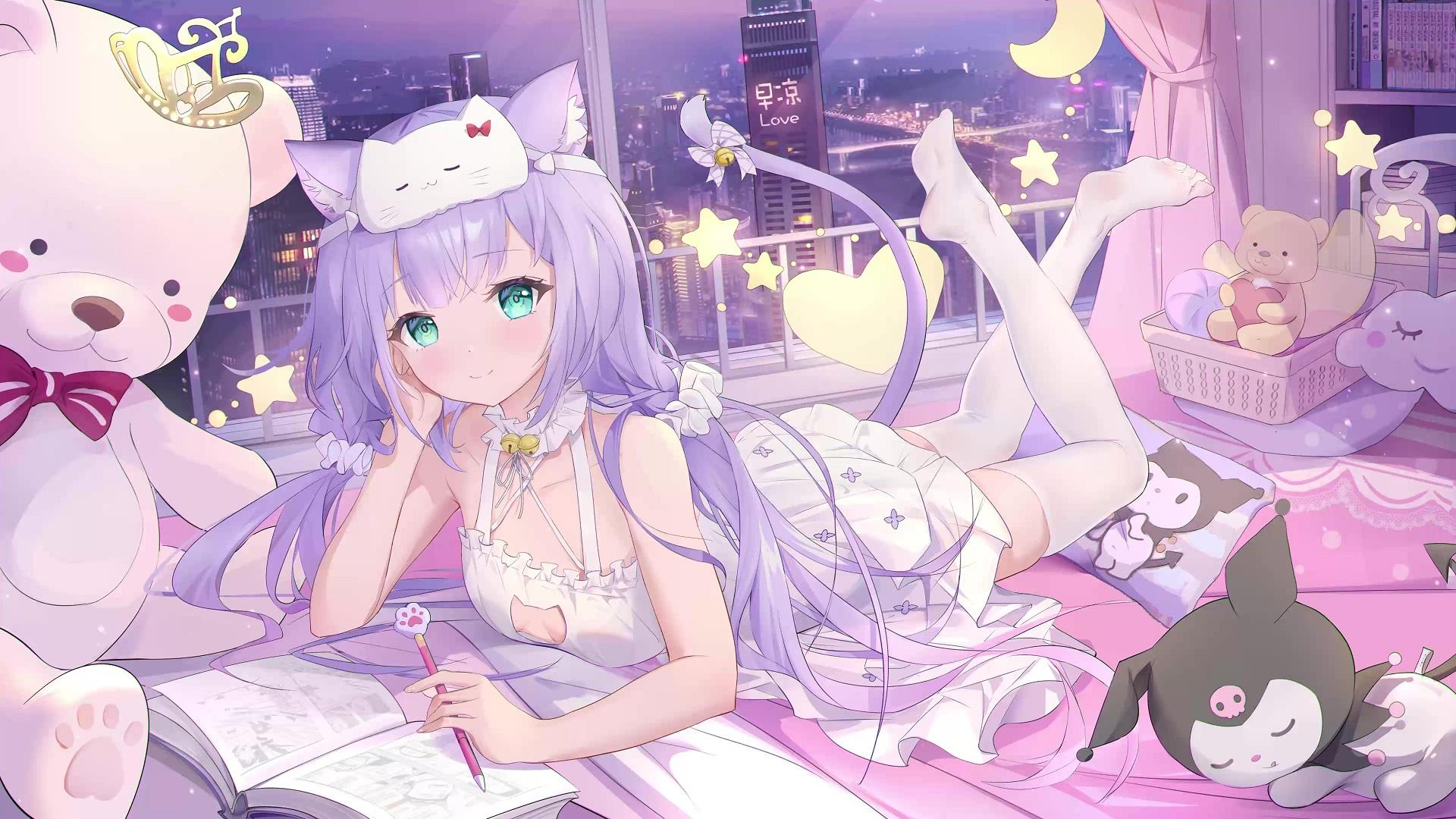 1920x1080 Anime Cat Girl Lying Down In Bed Live Wallpaper