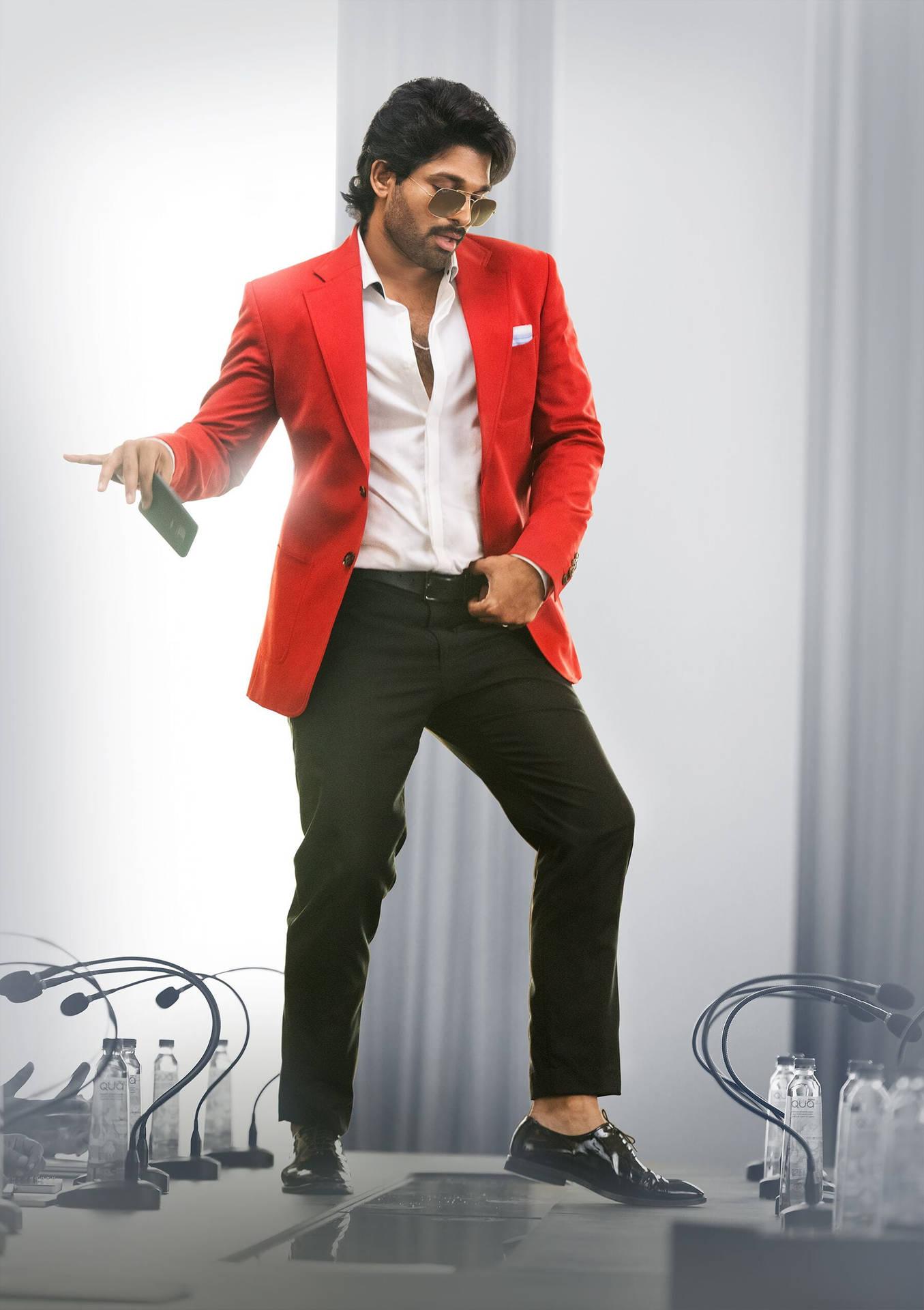 1355x1920 Download Allu Arjun HD Red Jacket Dancing Wallpaper
