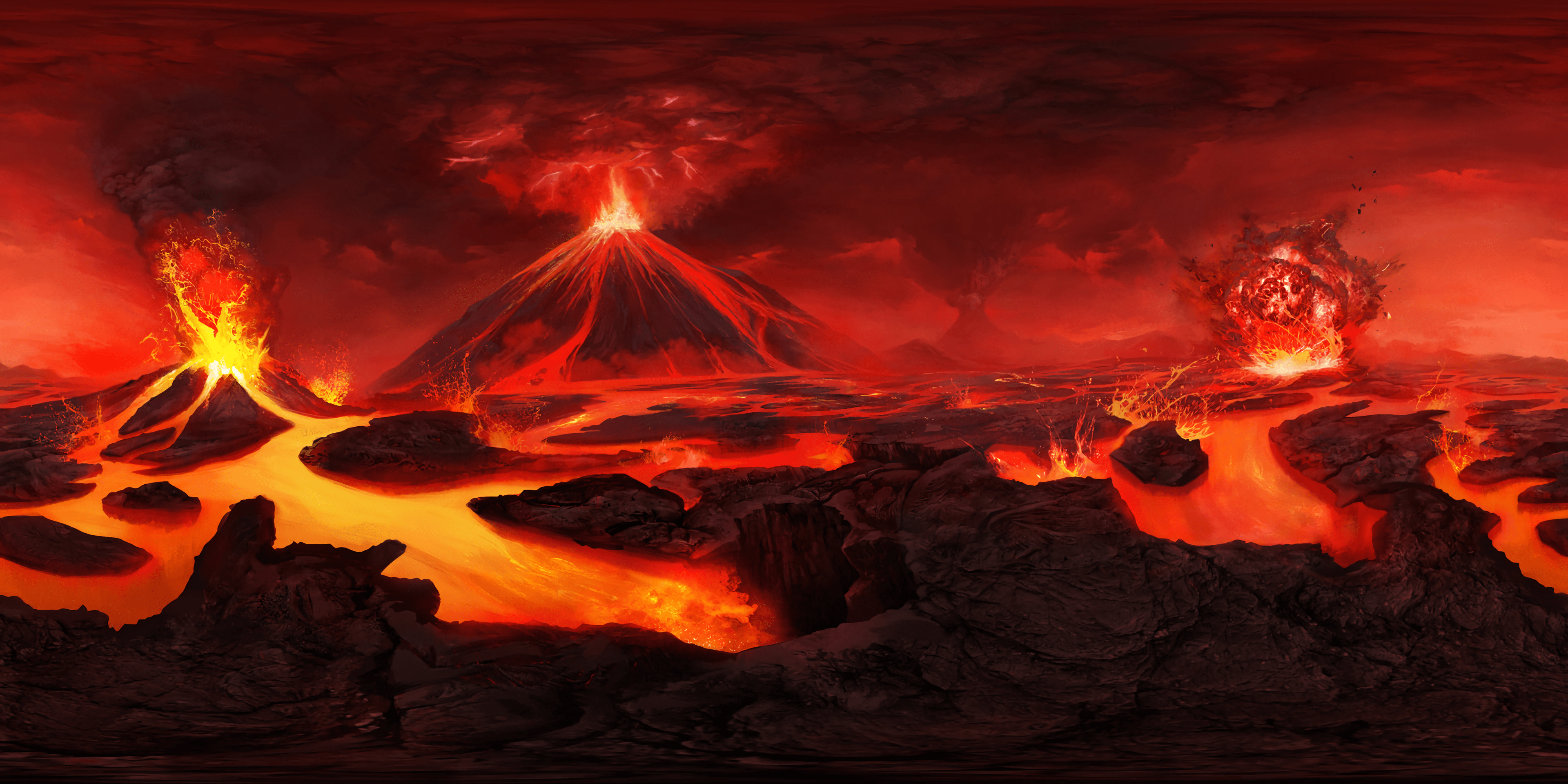 3840x1920 Download wallpaper 3840x1920 volcano, art, lava, flash HD background