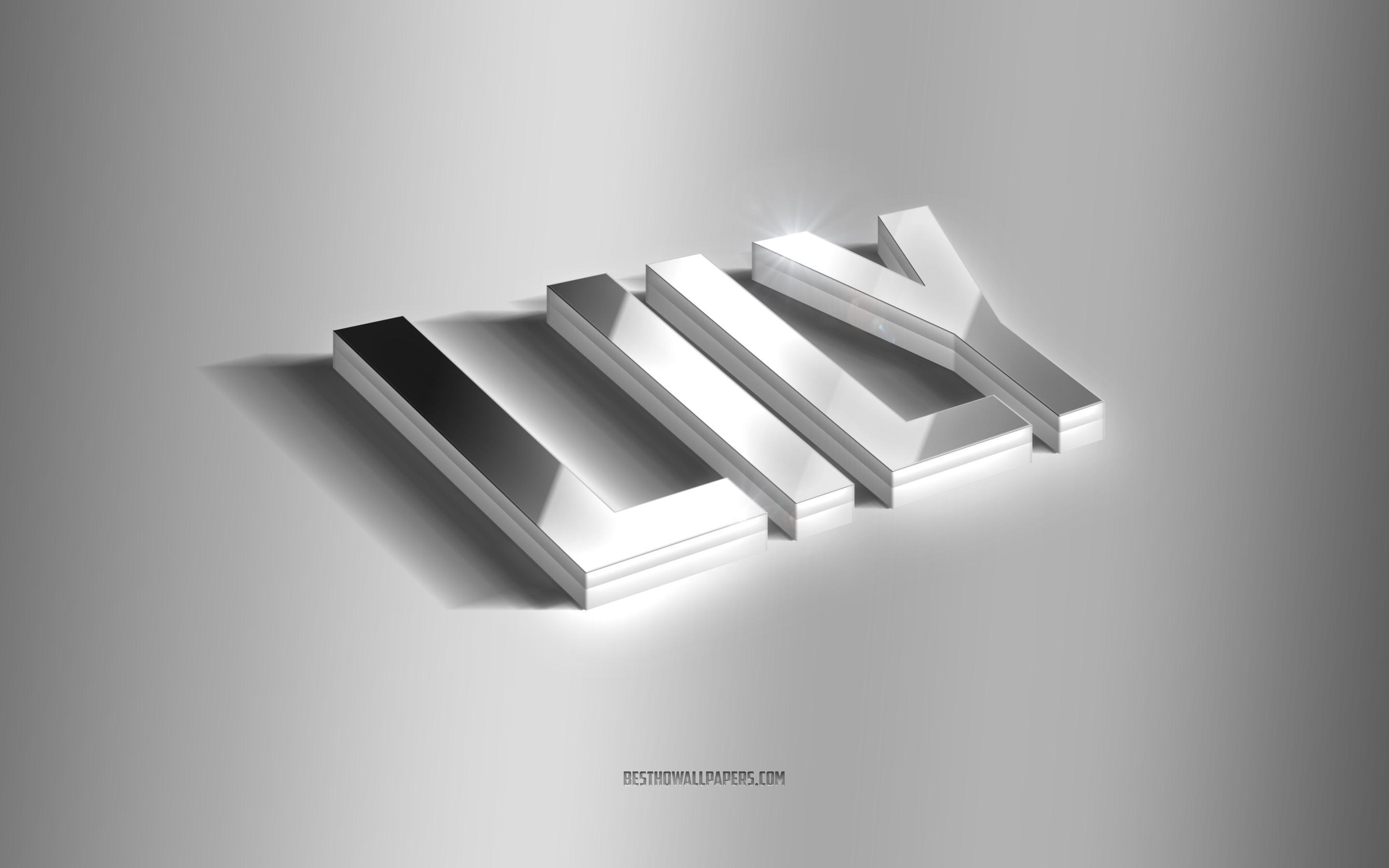 2880x1800 Download wallpaper Lily, silver 3D art, gray background, wallpaper with names, Lily name, Lily greeting card, 3D art, picture with Lily name for desktop with resolution 2880x1800. High Quality HD picture wallpaper