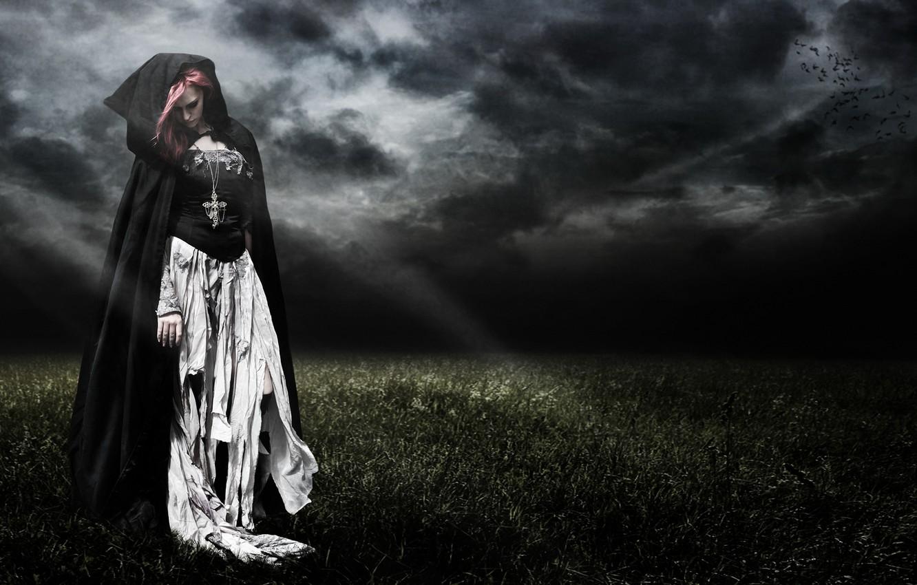 1332x850 Wallpaper field, girl, night, clouds, rendering, dark, art, witch, cloak, the witch, gloomy, rags, Wallpaper from lolita777 image for desktop, section рендеринг