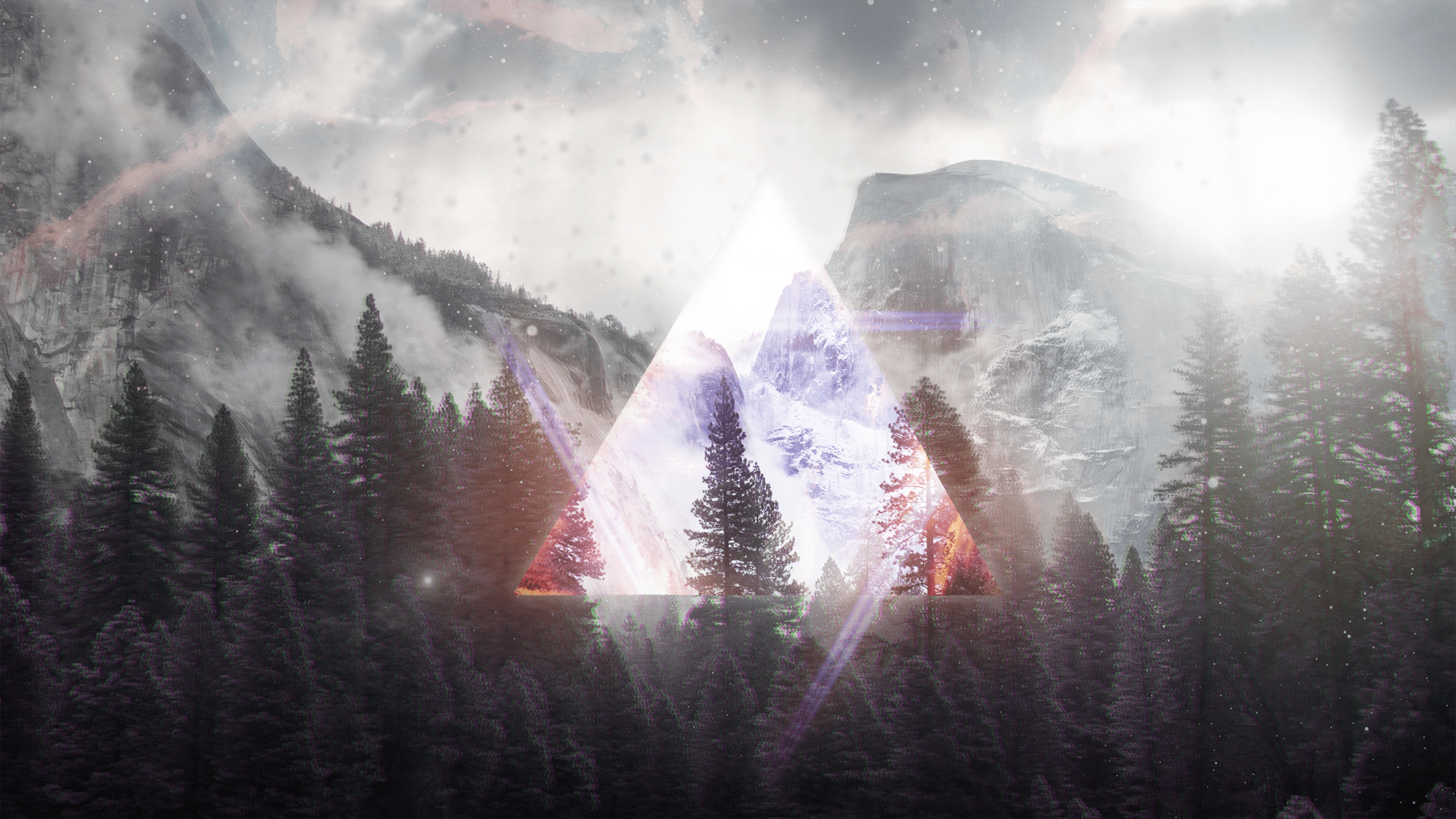 2000x1125 Photohop, trippy, lights, dark fantasy, abstract, nature, natural light, landscape, glitch art, triangle, stars Gallery HD Wallpaper
