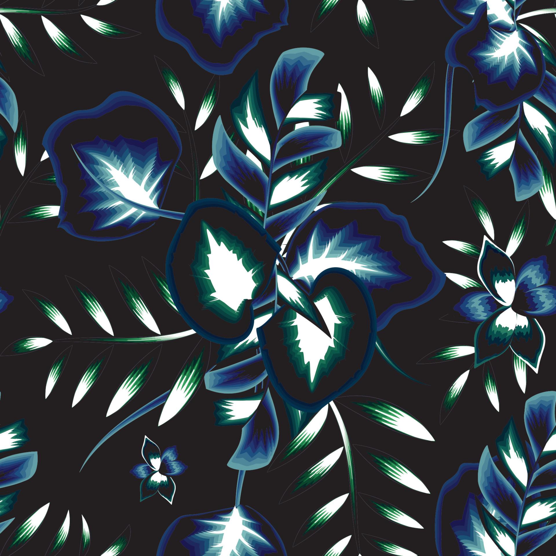 1920x1920 light blue abstract nature seamless pattern on dark background with shining blue tropical leaves and plants foliage. Vector design. Jungle print. Floral background. nature wallpaper. Exotic. jungle